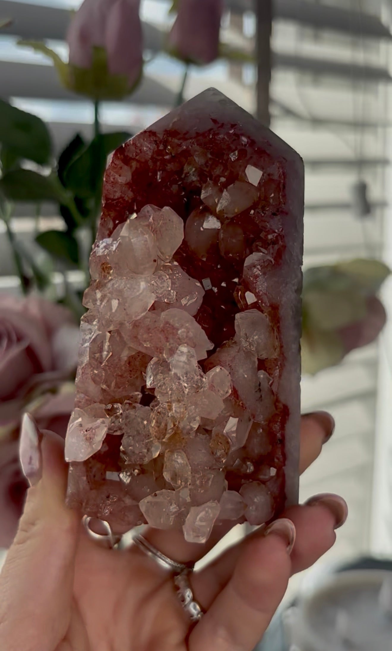 Beautiful, high quality, Pink amethyst tower in burnt orange/red tones with chewing gum druzy