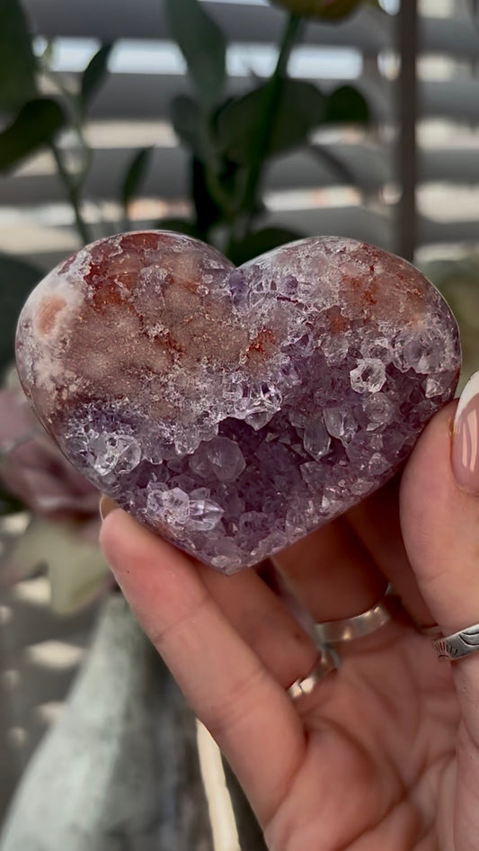 Gorgeous, high quality, pink amethyst heart with lilac quartz - comes with stand