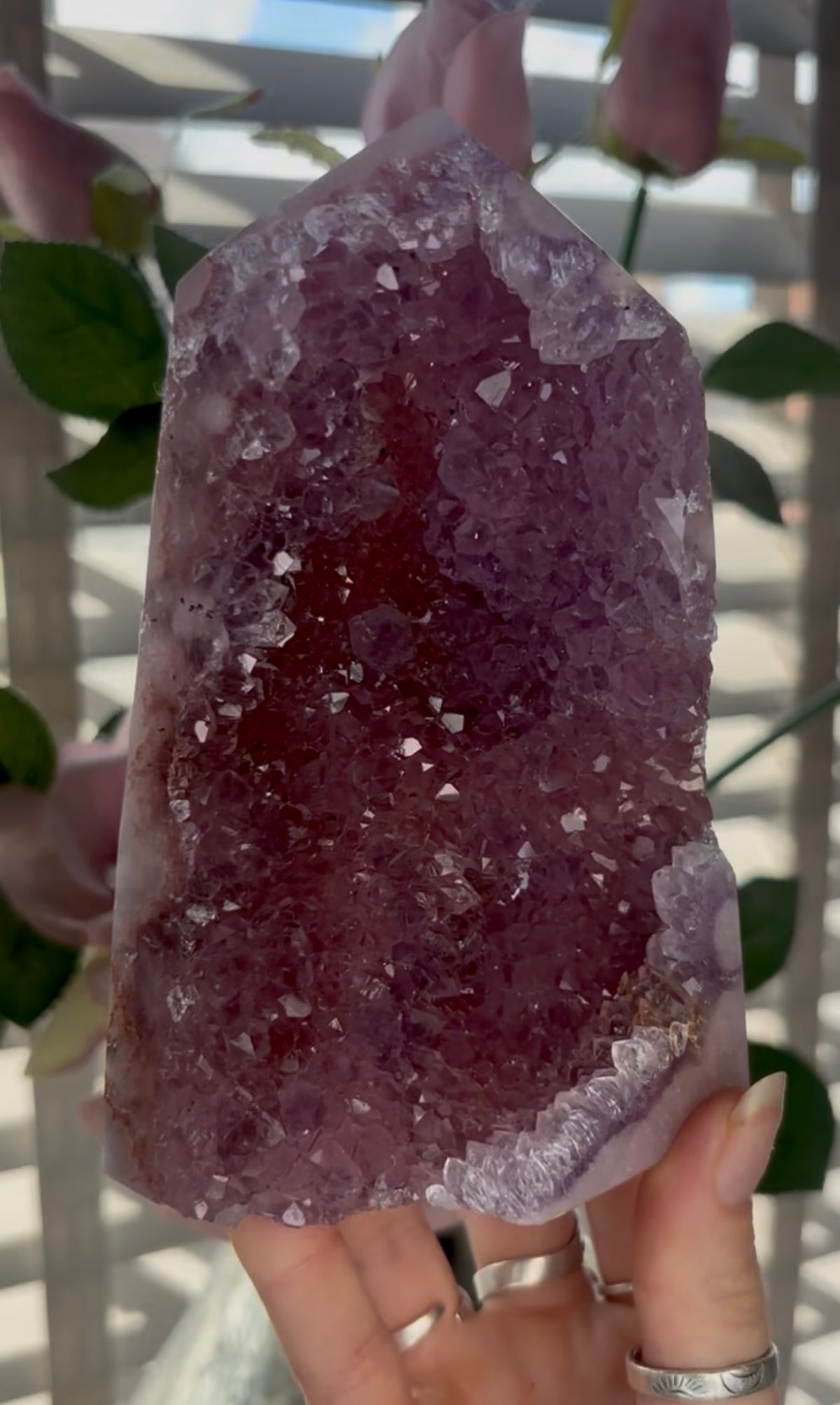 Beautiful, high quality, Pink amethyst tower in lilac tones with vibrant purple druzy