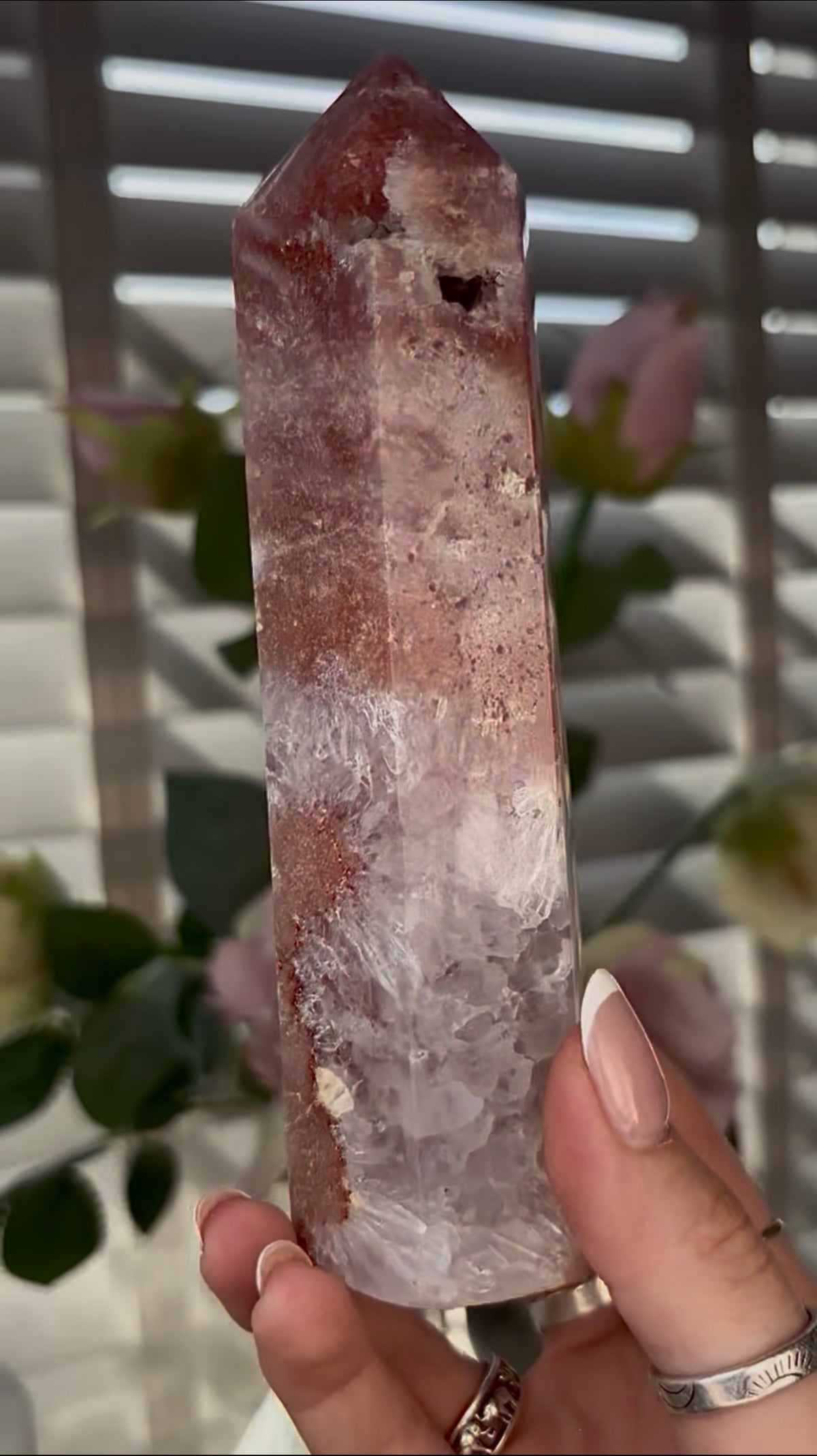 Beautiful, high quality, Pink amethyst tower 15.2cm(h) by 4cm(w)