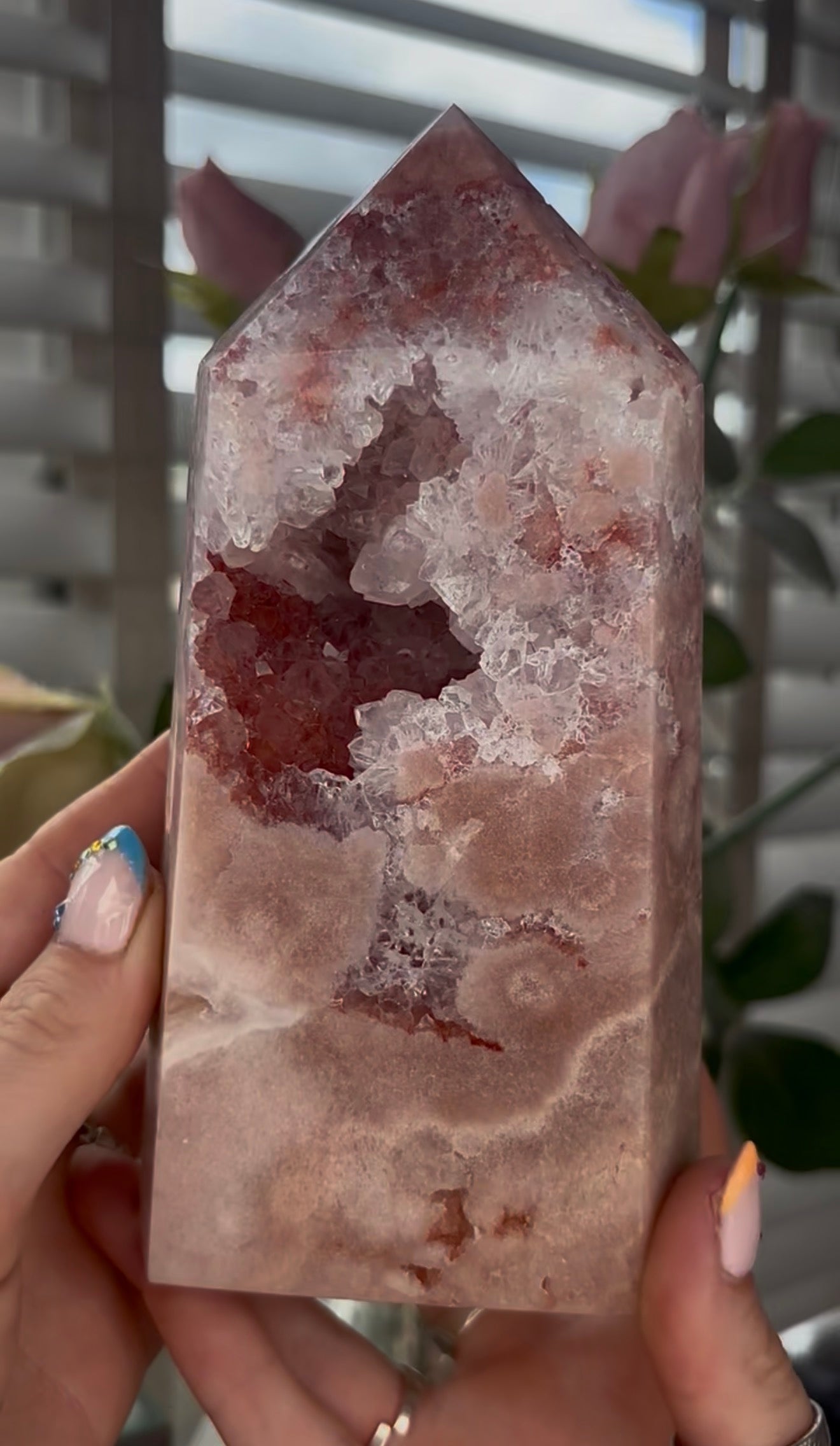 Pretty, large, high quality, Pink amethyst tower in a peach tone with quartz Druze