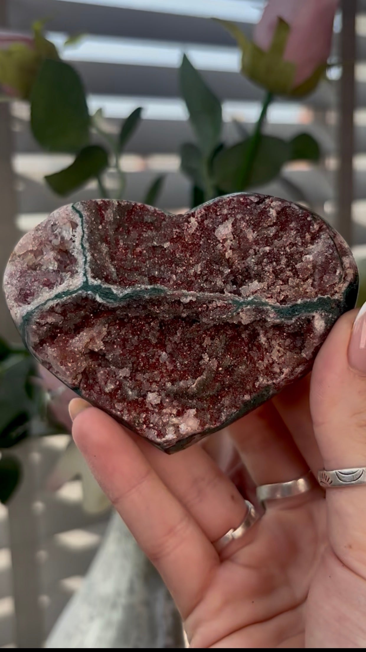 Gorgeous, high quality, pink amethyst heart with Jasper - comes with stand