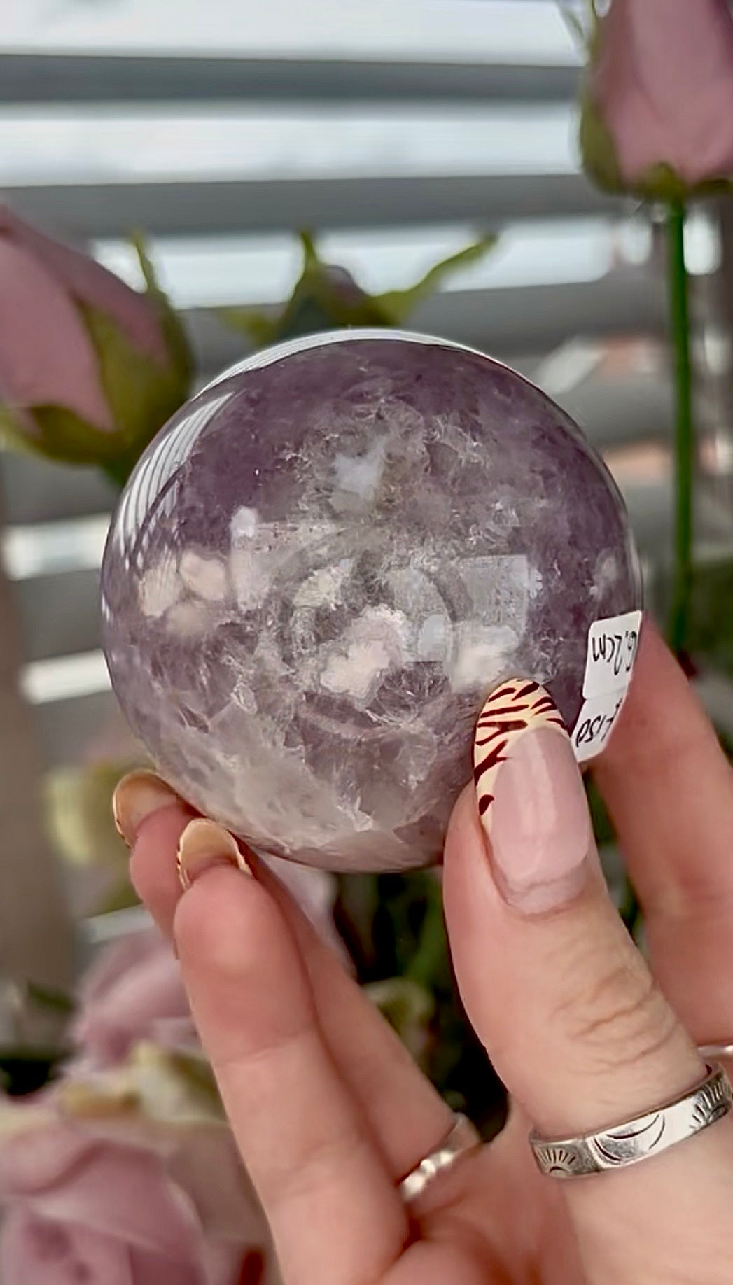 High grade, amethyst Flower agate sphere with high clarity quartz