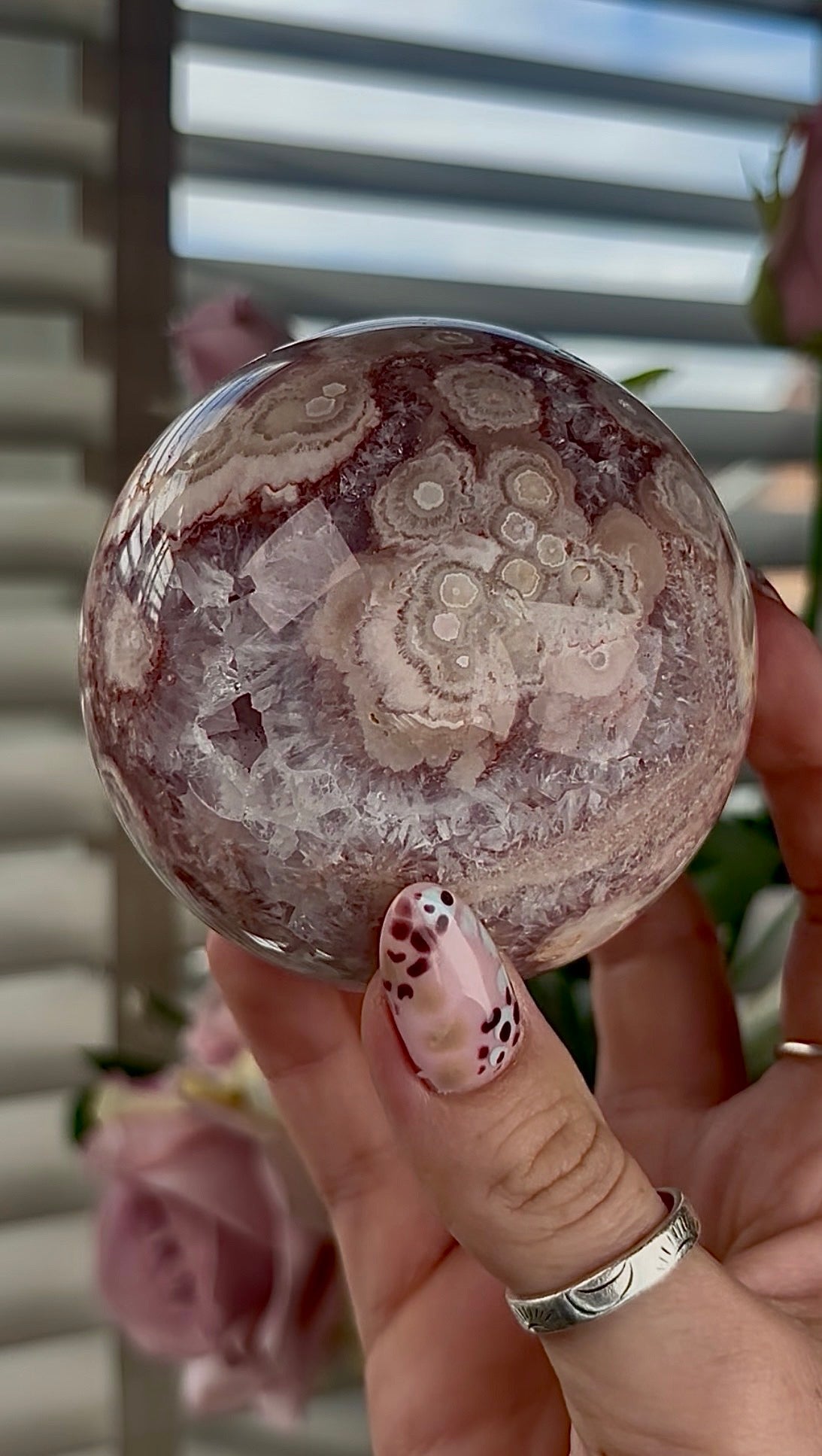 High grade, amethyst Flower agate sphere with high clarity quartz 8cm