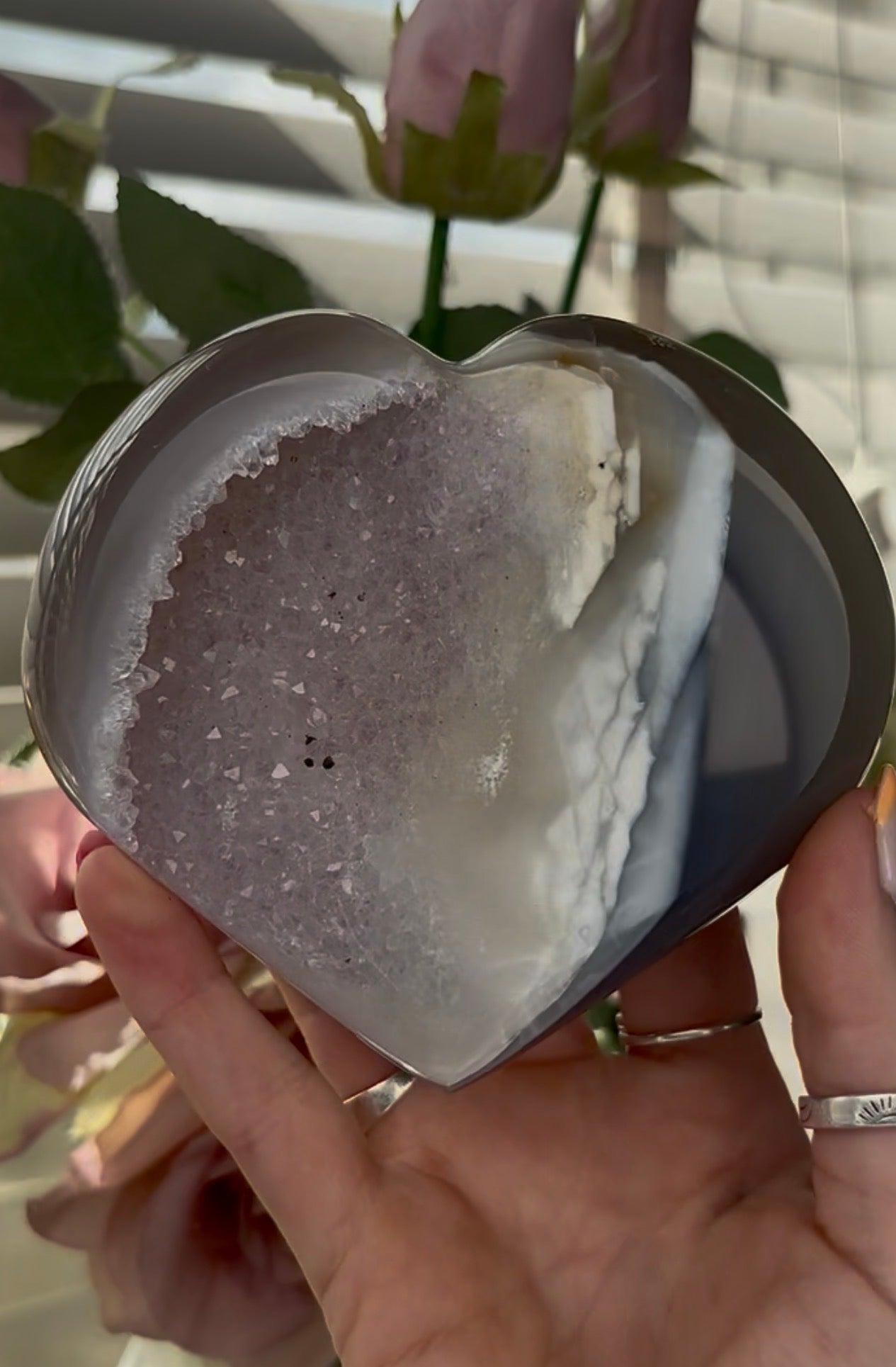 Beautiful, high quality, blue agate heart  with amethyst druzy - stand included