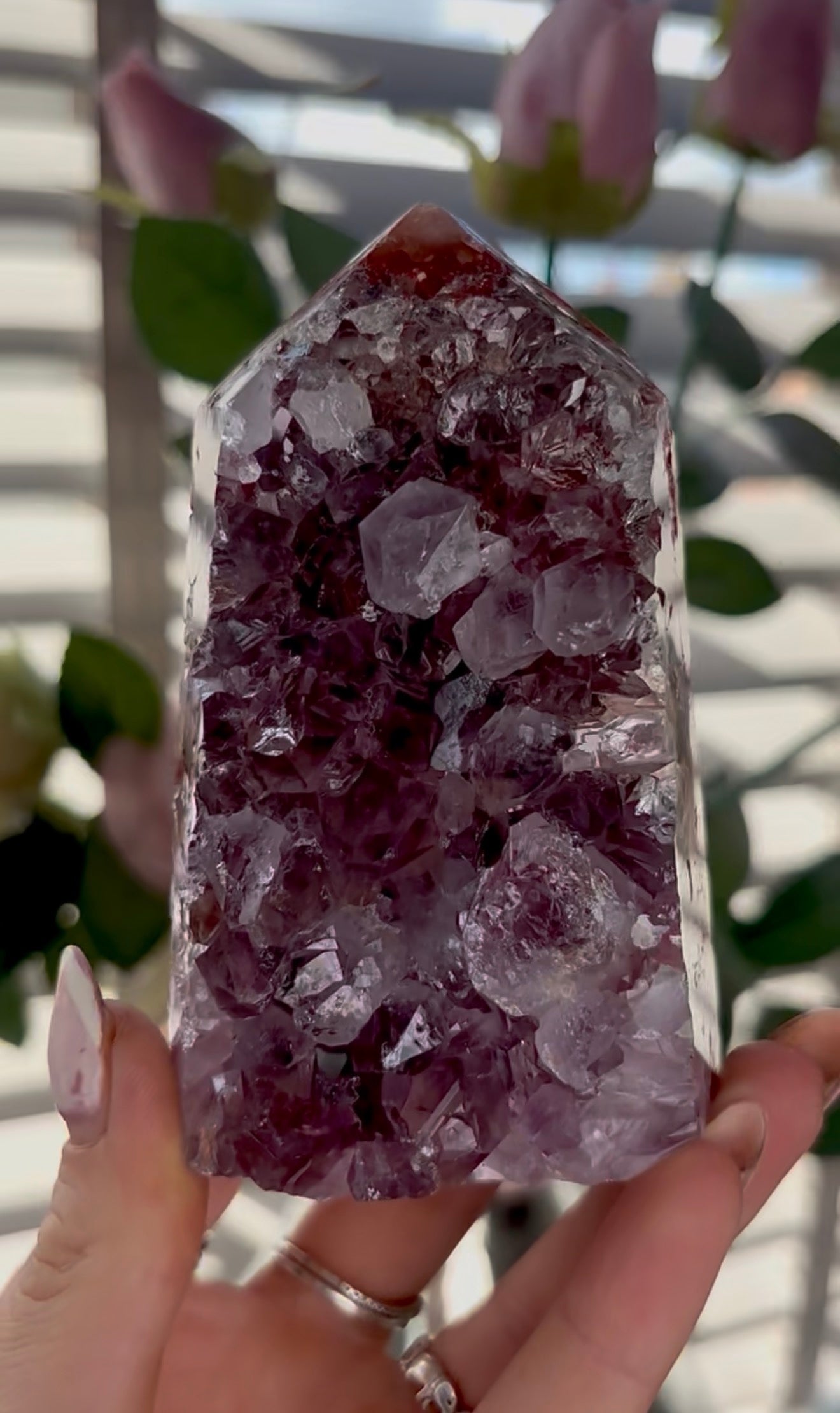 Beautiful, high quality, Pink amethyst tower with purple quartz & green jasper