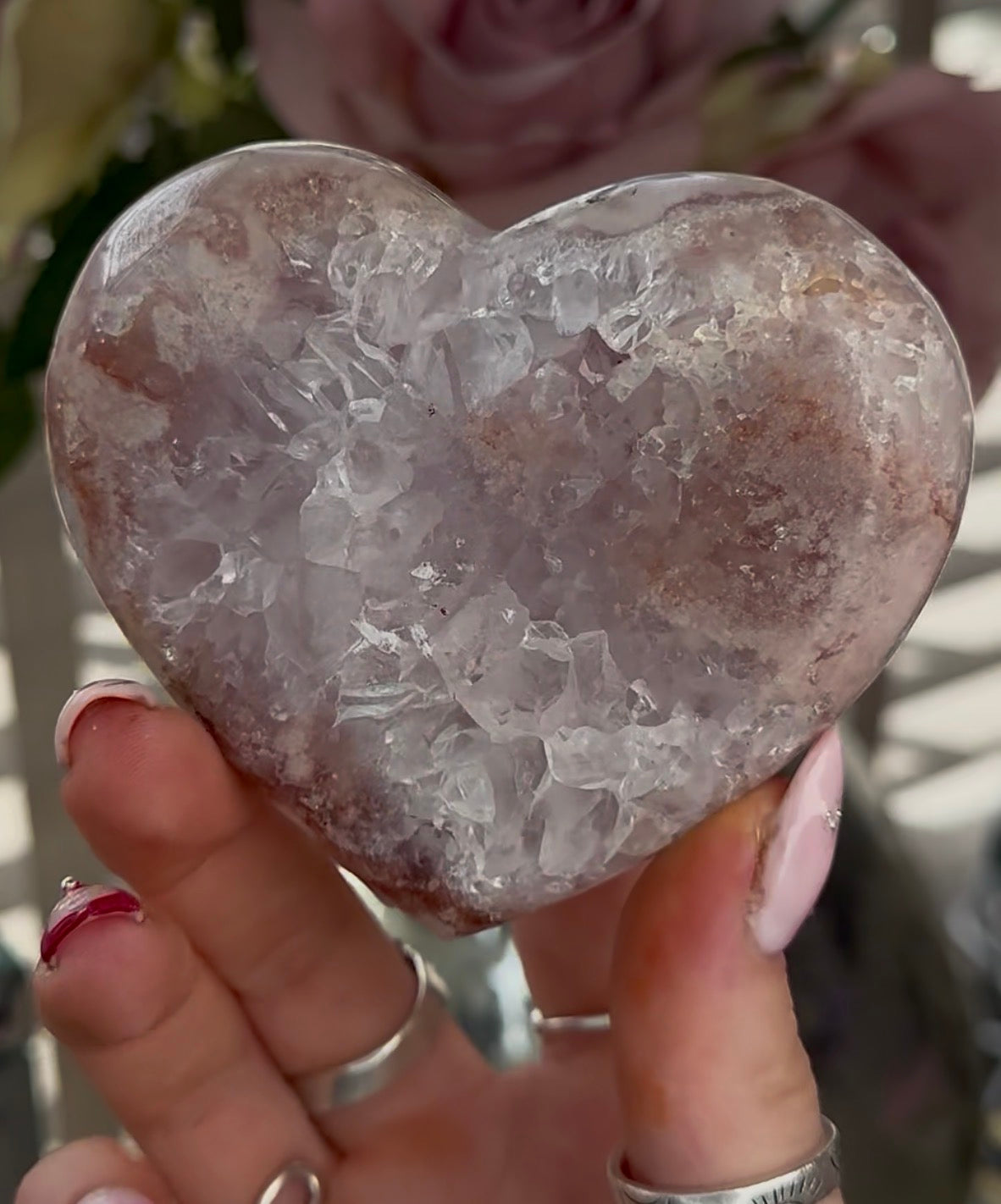 Hq pink amethyst heart with quartz - comes with stand