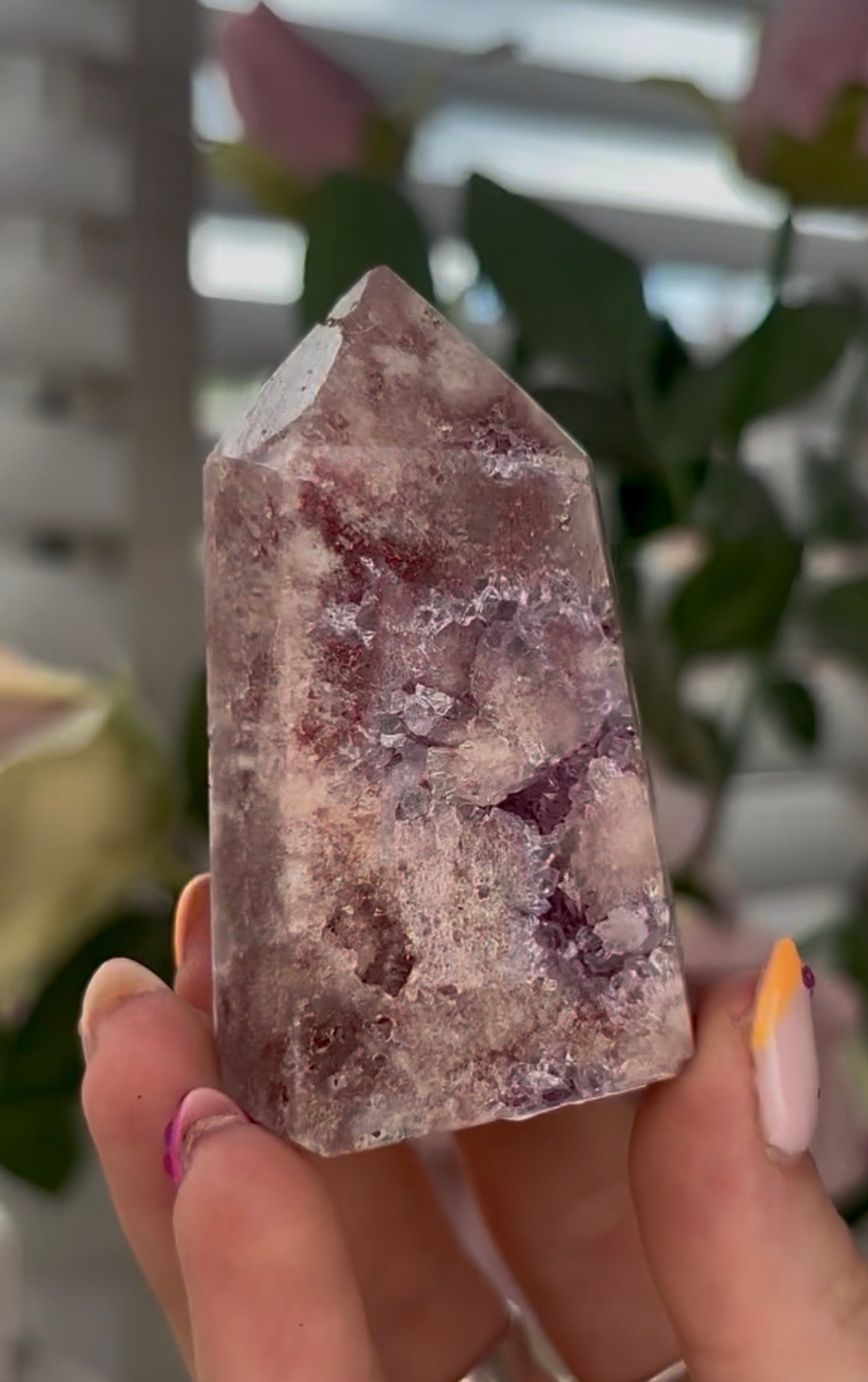 Pretty, high quality, Pink amethyst tower, with lilac quartz druzy