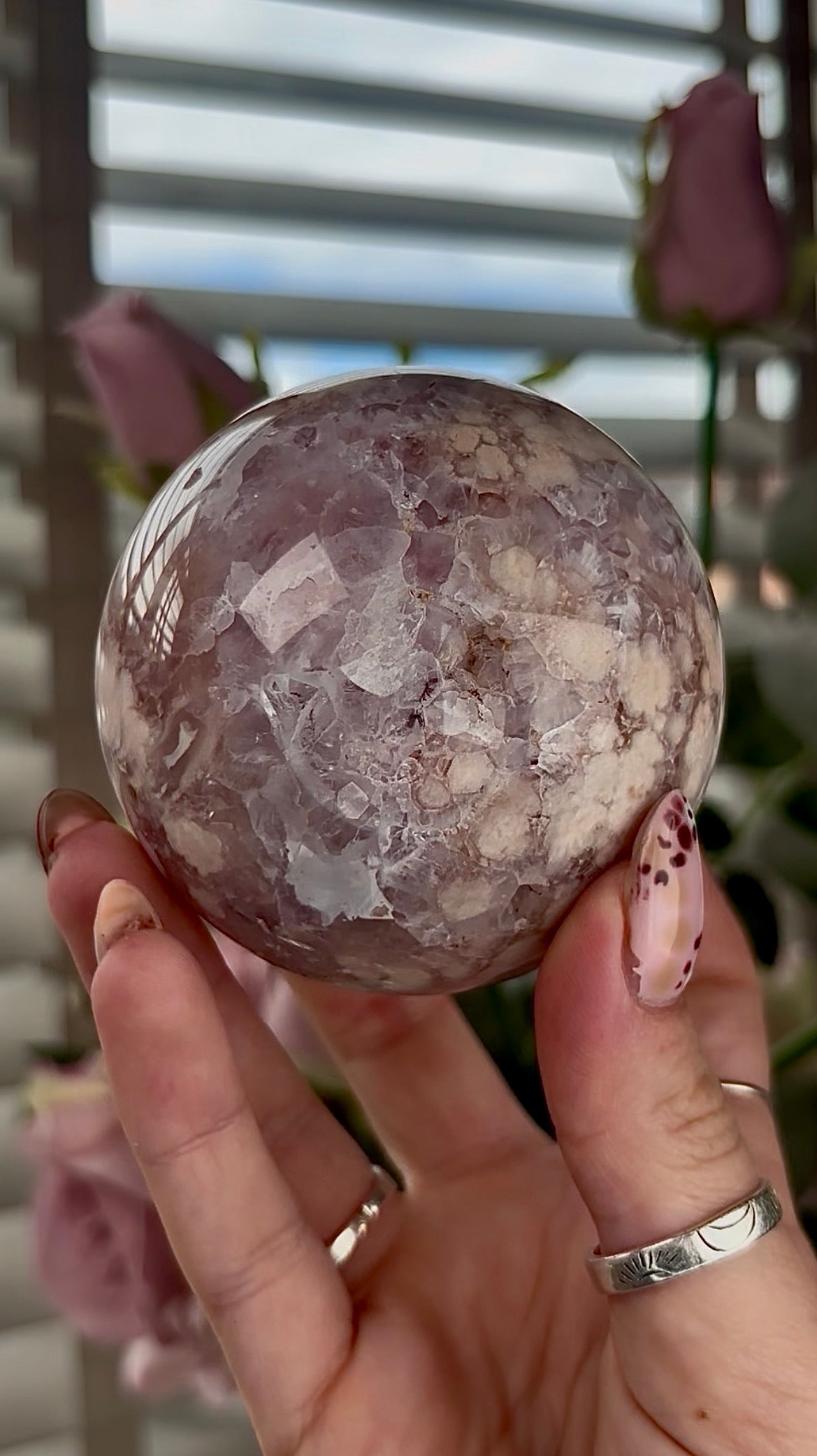 amethyst Flower agate sphere with high clarity quartz - 7.5cm