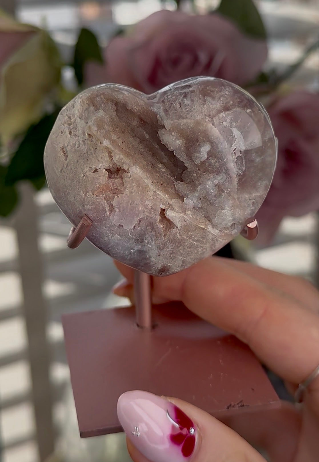 pink amethyst heart - comes with stand