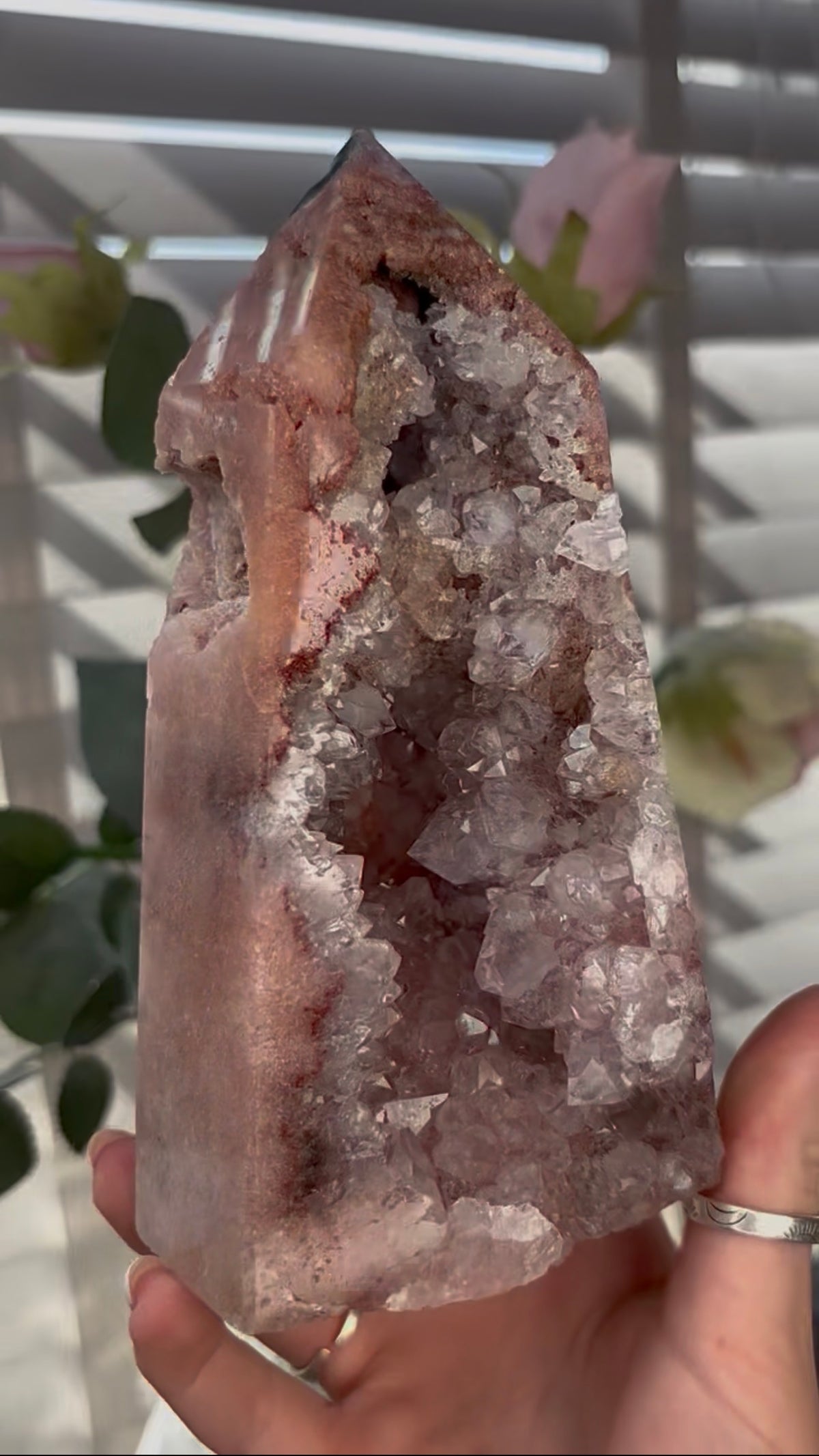 Beautiful, huge, chunky Pink amethyst tower with quartz teeth 16.5cm(h) by 9.4cm(w)