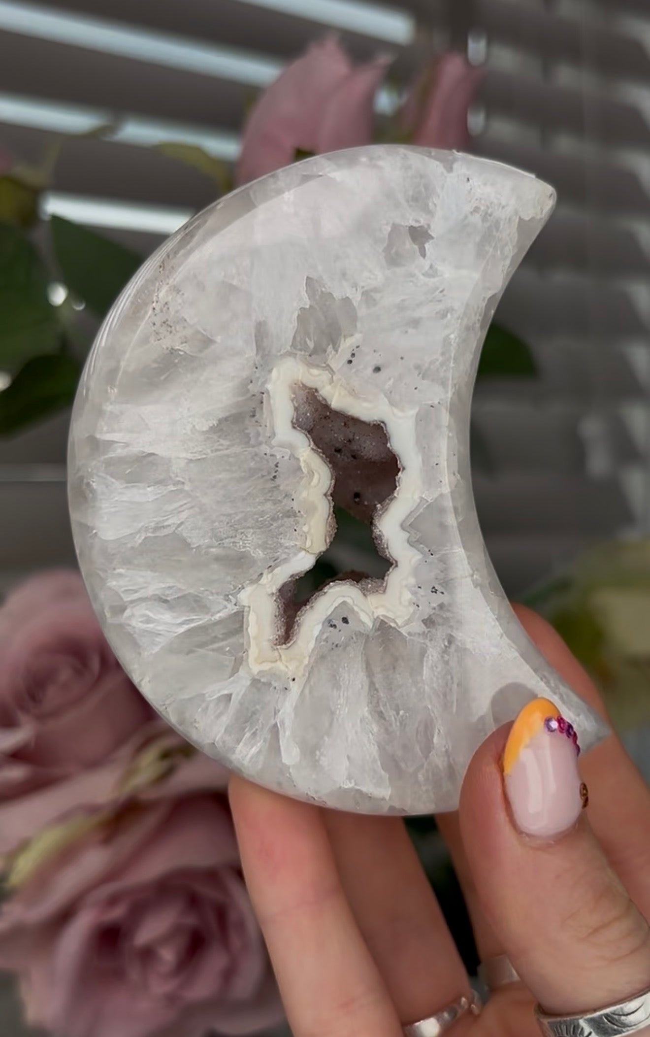Beautiful, high grade, agate moon with druzy - comes with stand