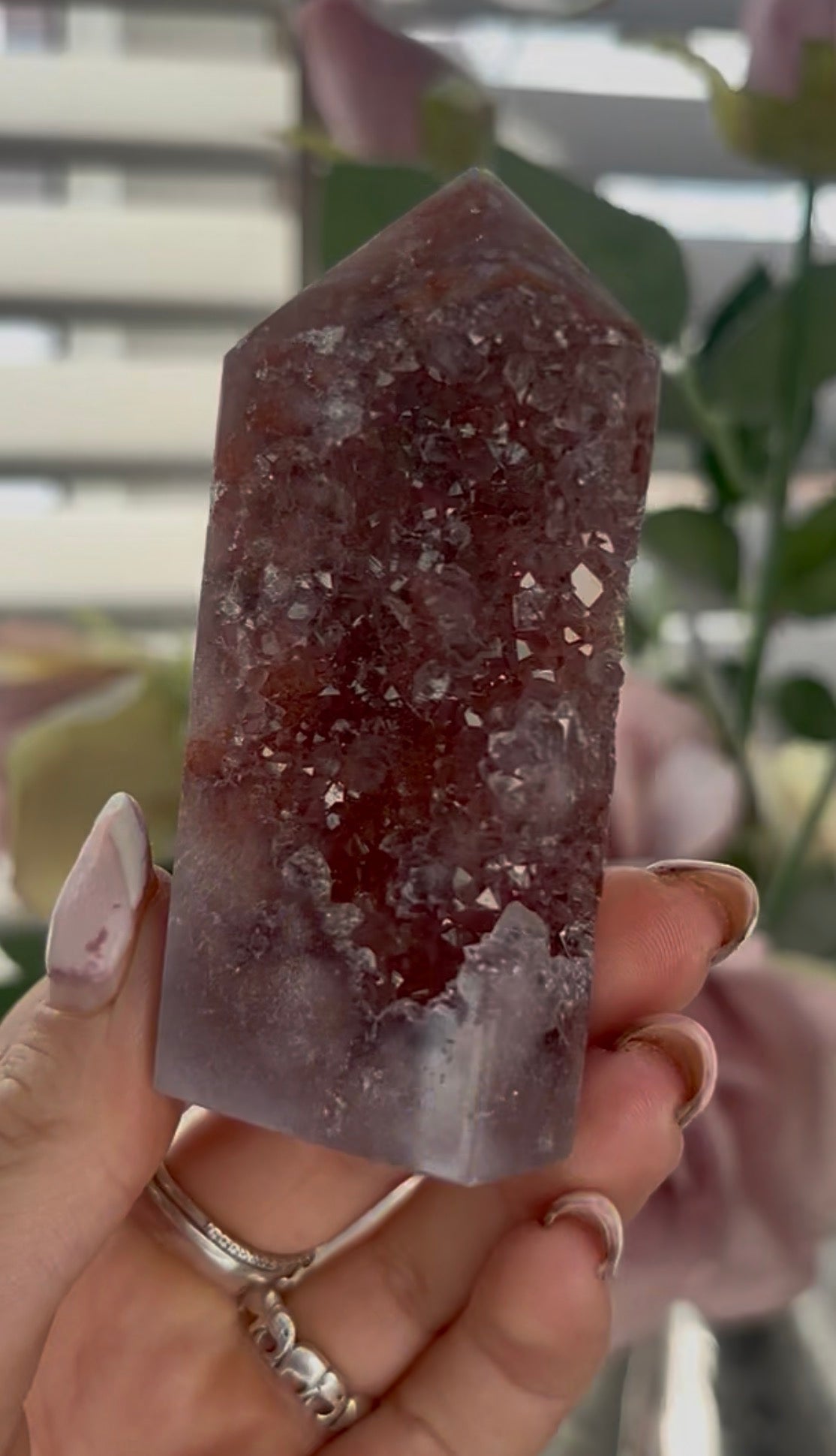 Beautiful, high quality, Pink amethyst tower in berry tones with sugar druzy