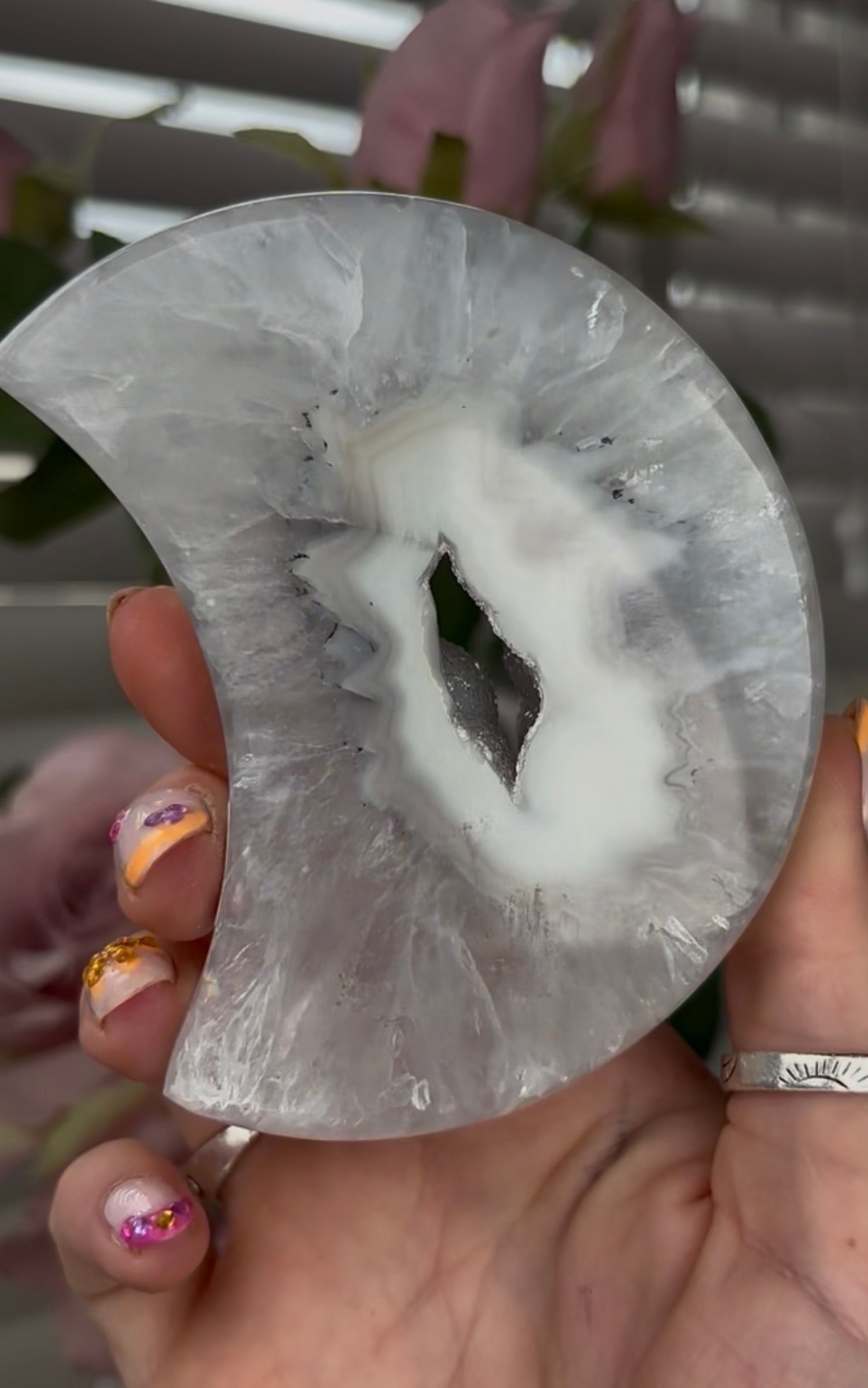 Beautiful, high grade, agate moon with druzy - comes with stand