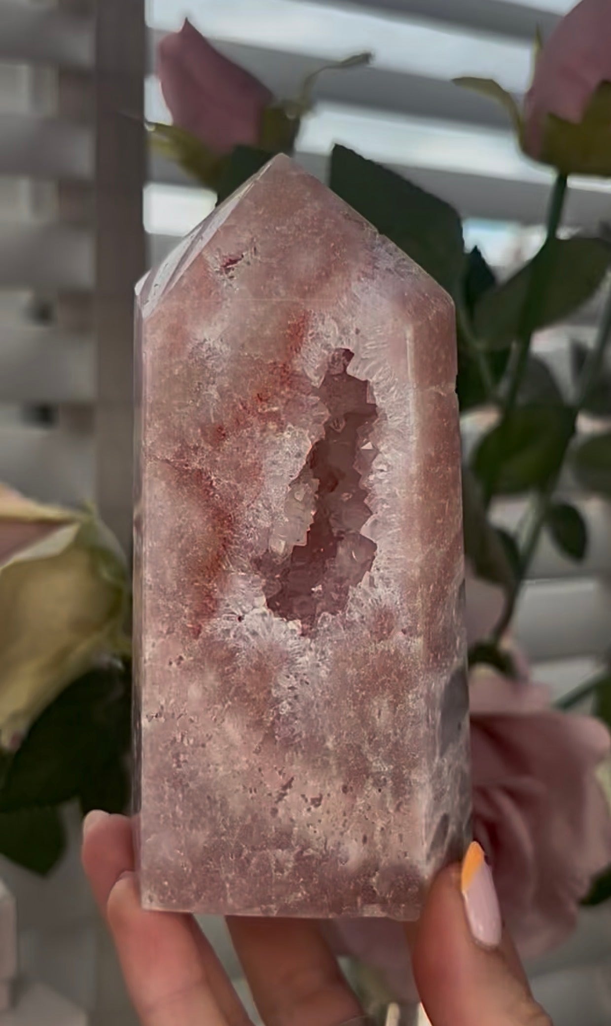 Pretty, Pink amethyst tower, with quartz druzy