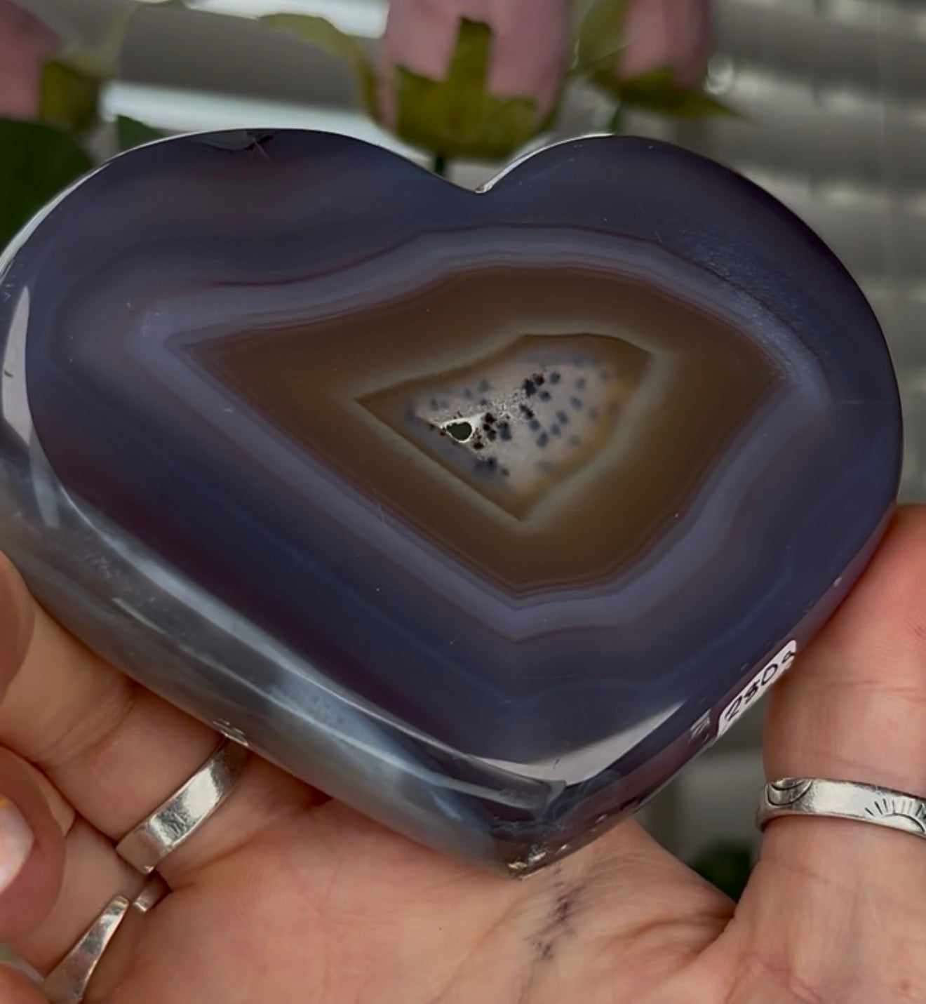 Beautiful, high grade, blue agate heart with druzy - comes with stand