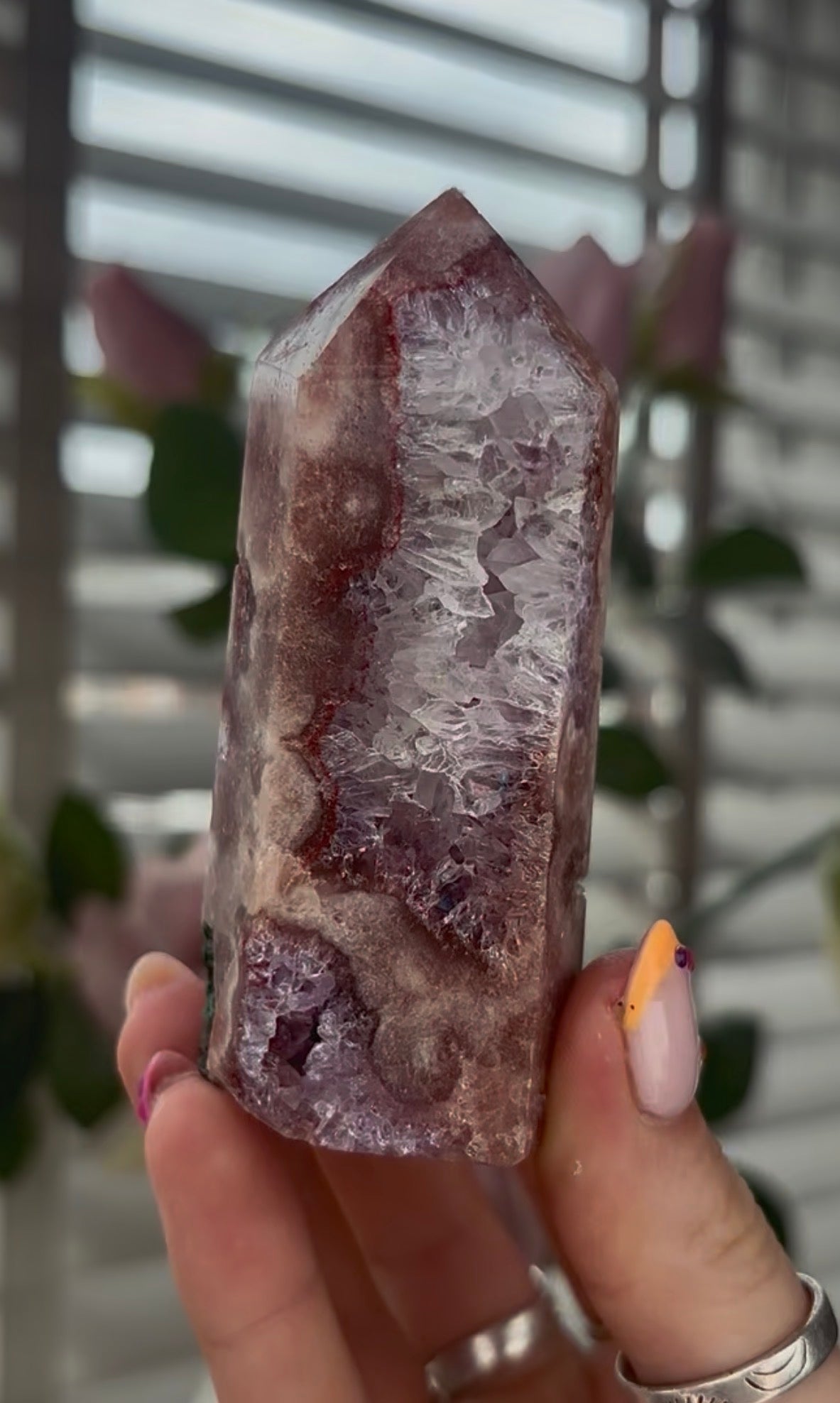 High quality, Pink amethyst tower, with quartz & Green jasper