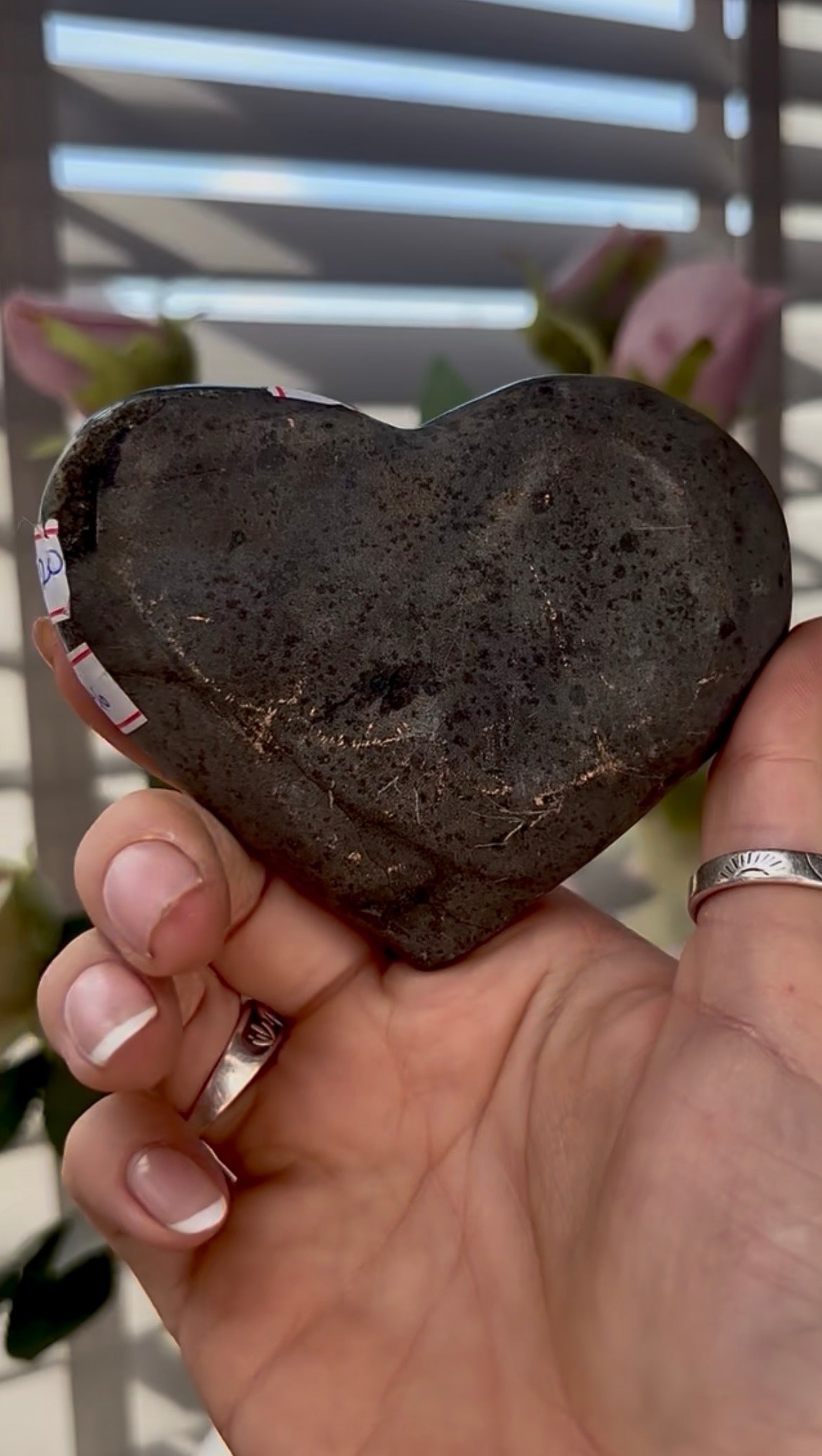 Black Uruguay amethyst heart with calcite - comes with stand
