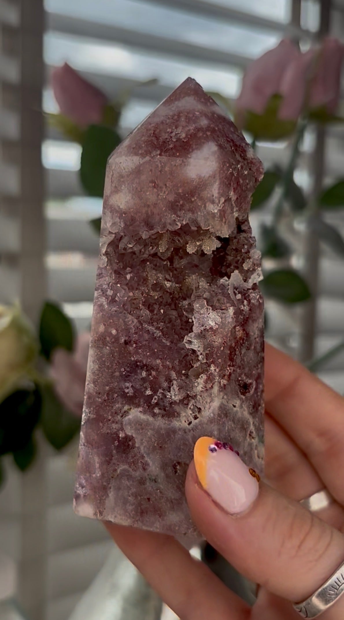 Pretty, Pink amethyst tower with Druzy