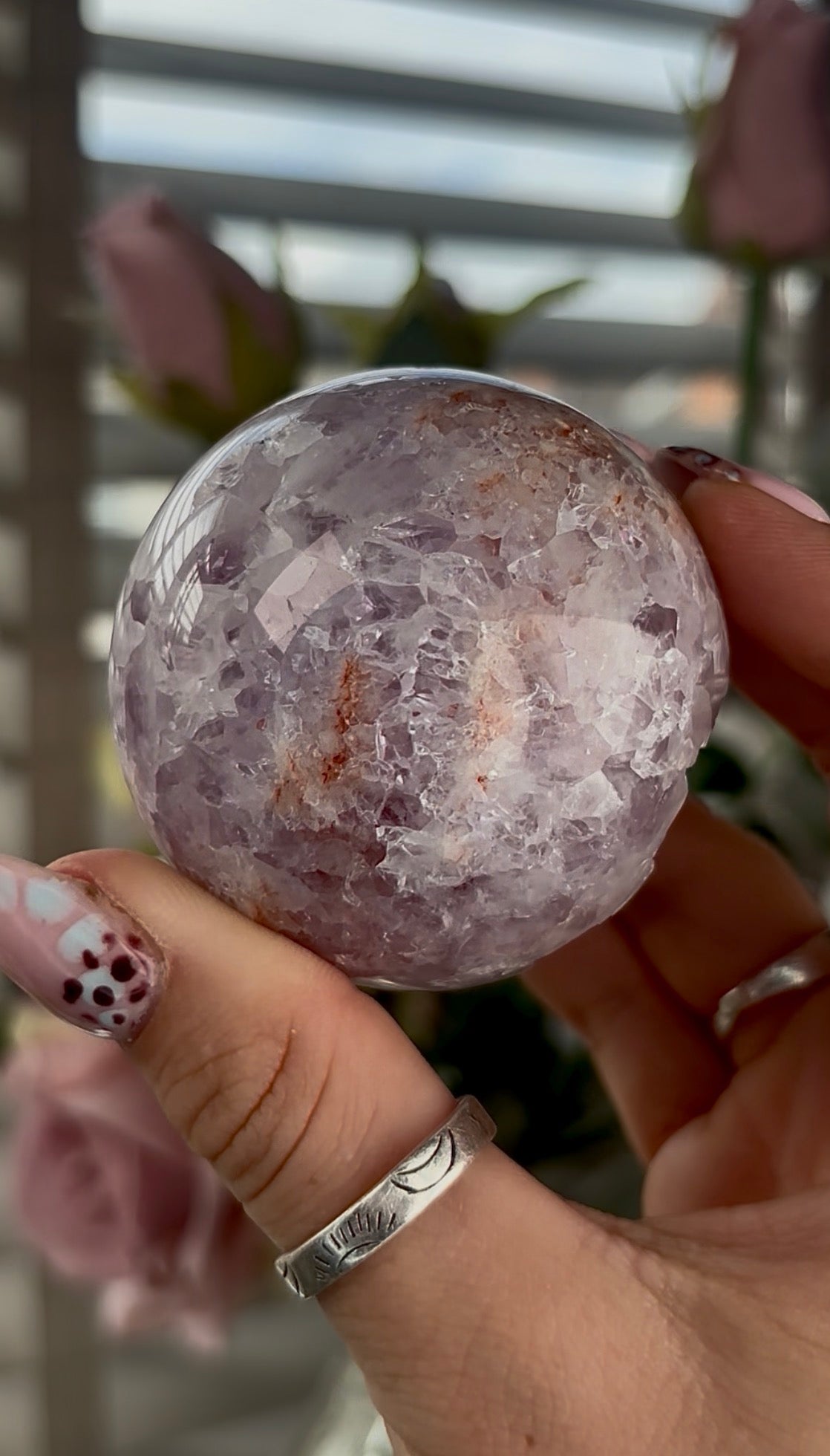 High grade, amethyst Flower agate sphere with high clarity quartz