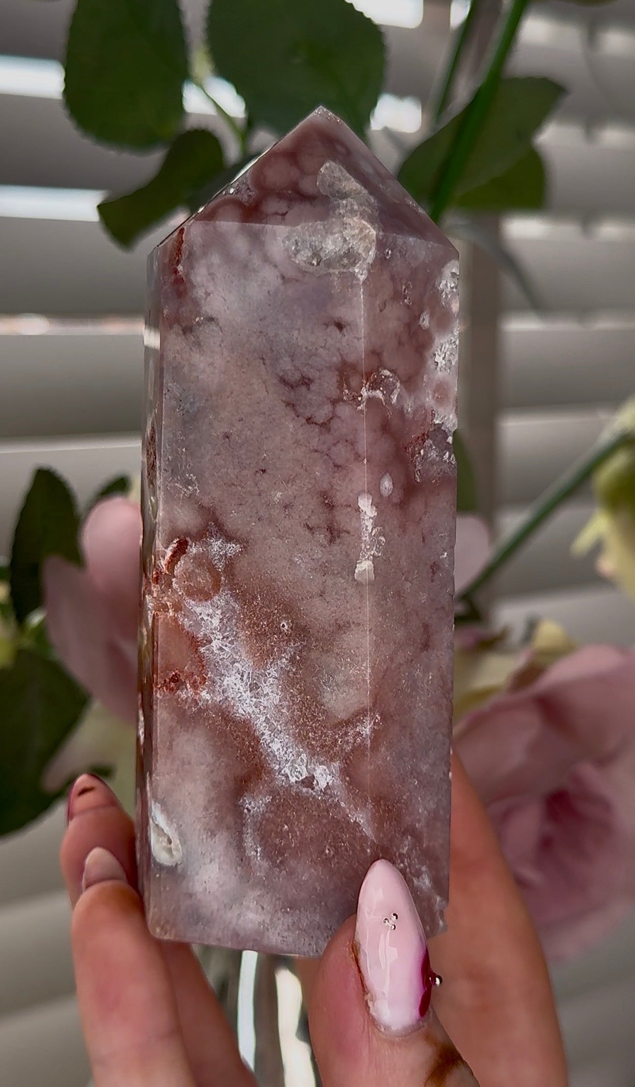 Pink amethyst tower with quartz 17cm by 5cm