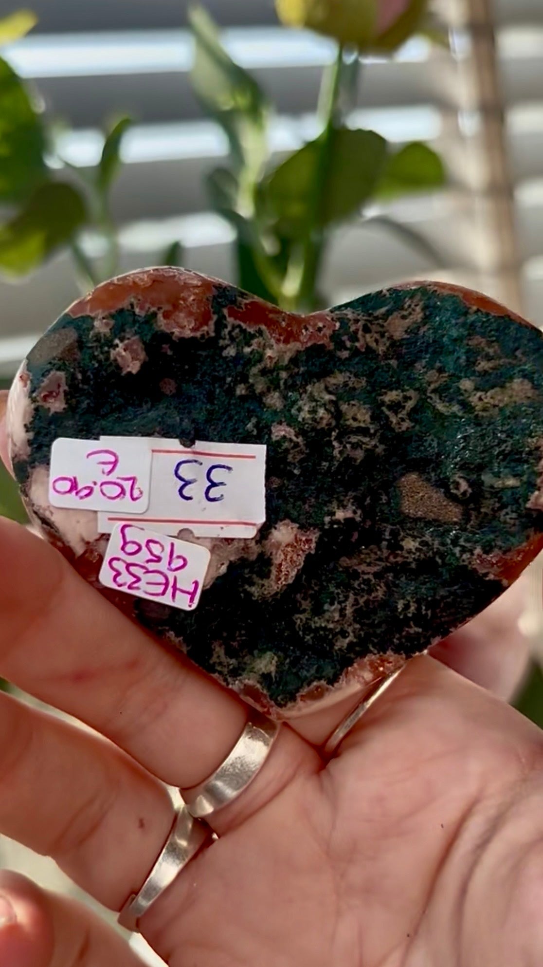 Gorgeous, high quality, berry red pink amethyst heart- comes with stand