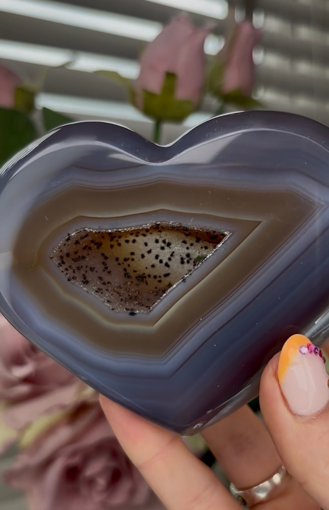 Beautiful, high grade, blue agate heart with druzy - comes with stand