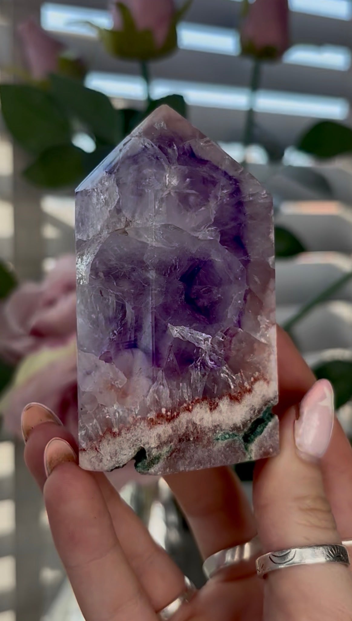 Beautiful, high quality, Pink amethyst tower with purple quartz & Green jasper 9cm