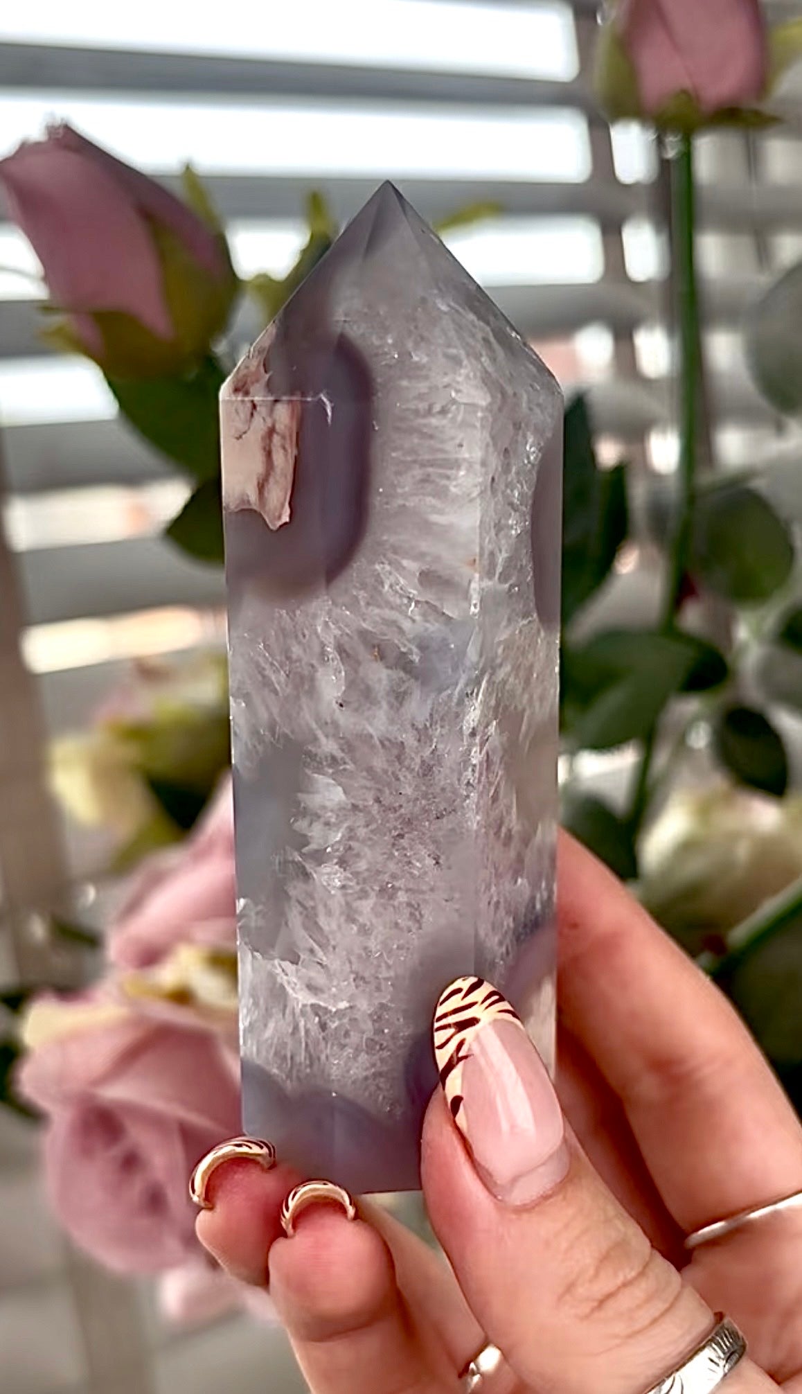 Stunning!! Super high quality, Druzy, green chlorite x blue flower agate tower