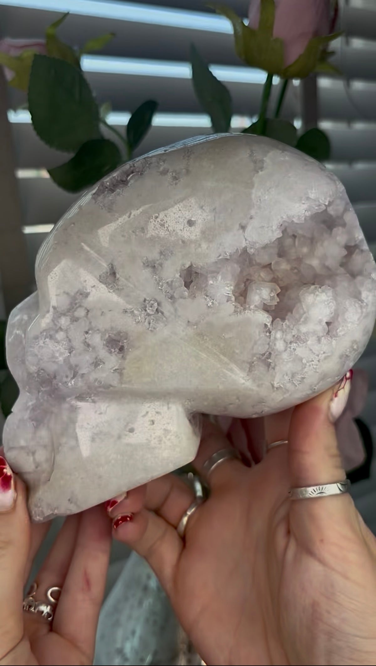High grade, pink amethyst skull carving with chunky druzy