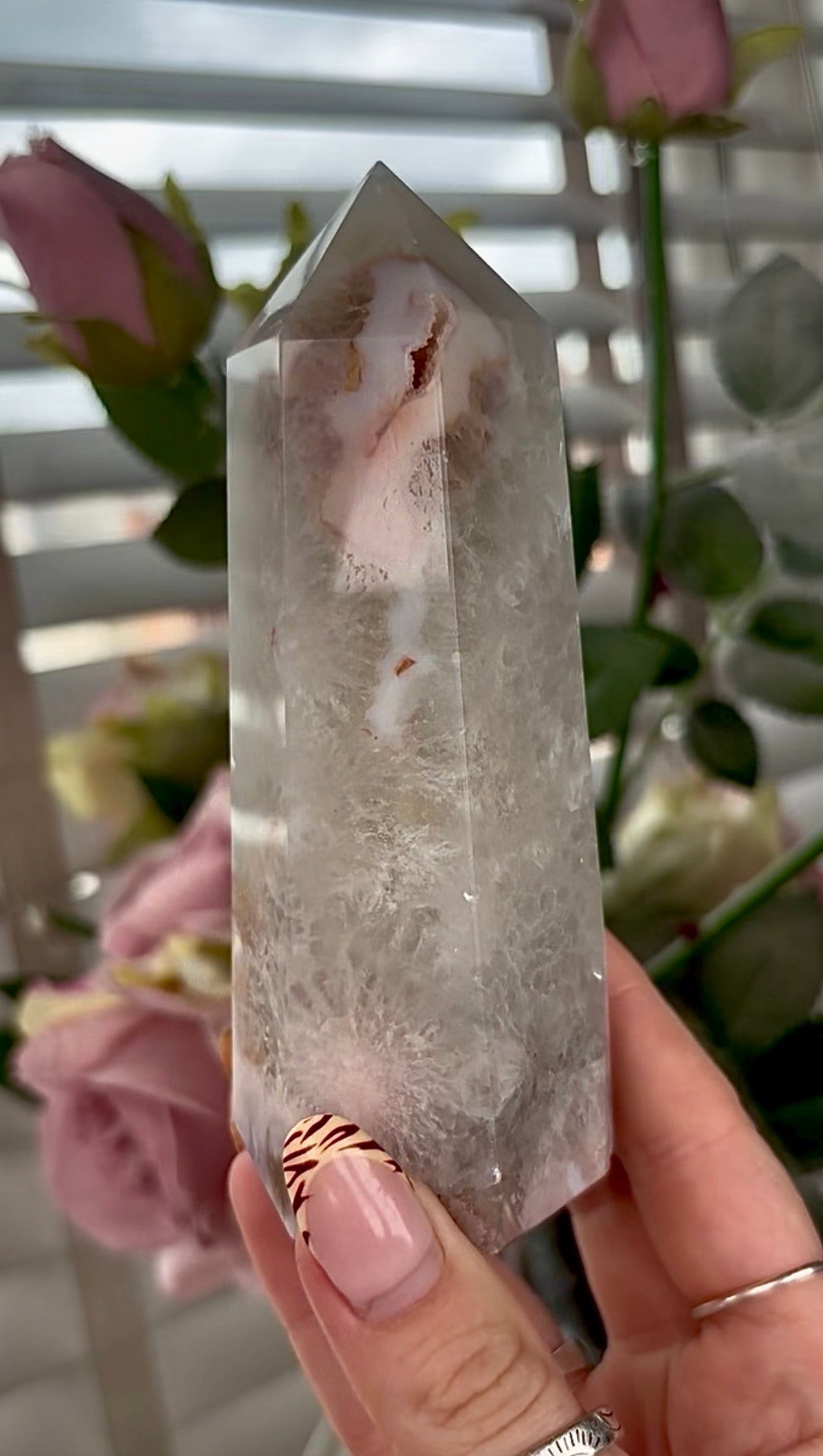 Stunning!! Super high quality, Druzy, green chlorite x blue flower agate tower