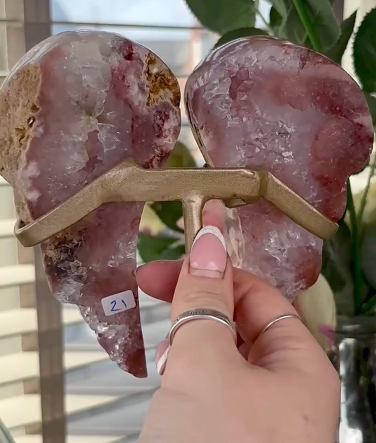 High quality, pink amethyst wings in reddish/deep pink tone - comes with stand