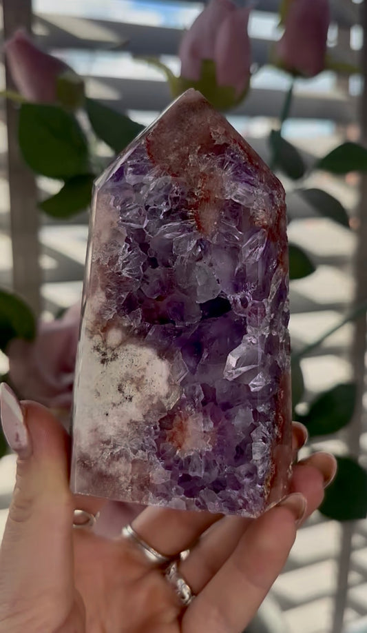 Beautiful, high quality, Pink amethyst tower with purple quartz