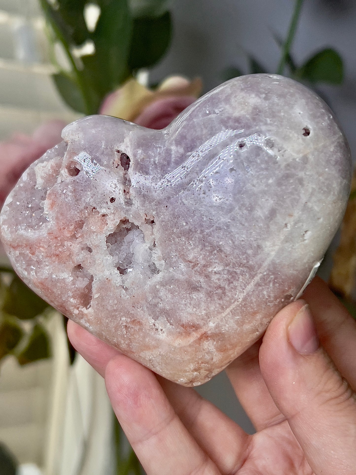 Chunky, druzy, pink amethyst heart - comes with stand