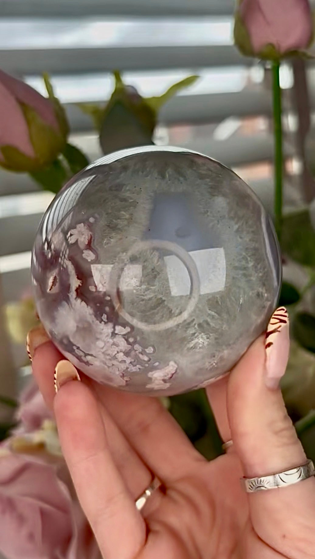 Stunning!! Super high quality, Druzy, green chlorite x blue flower agate sphere