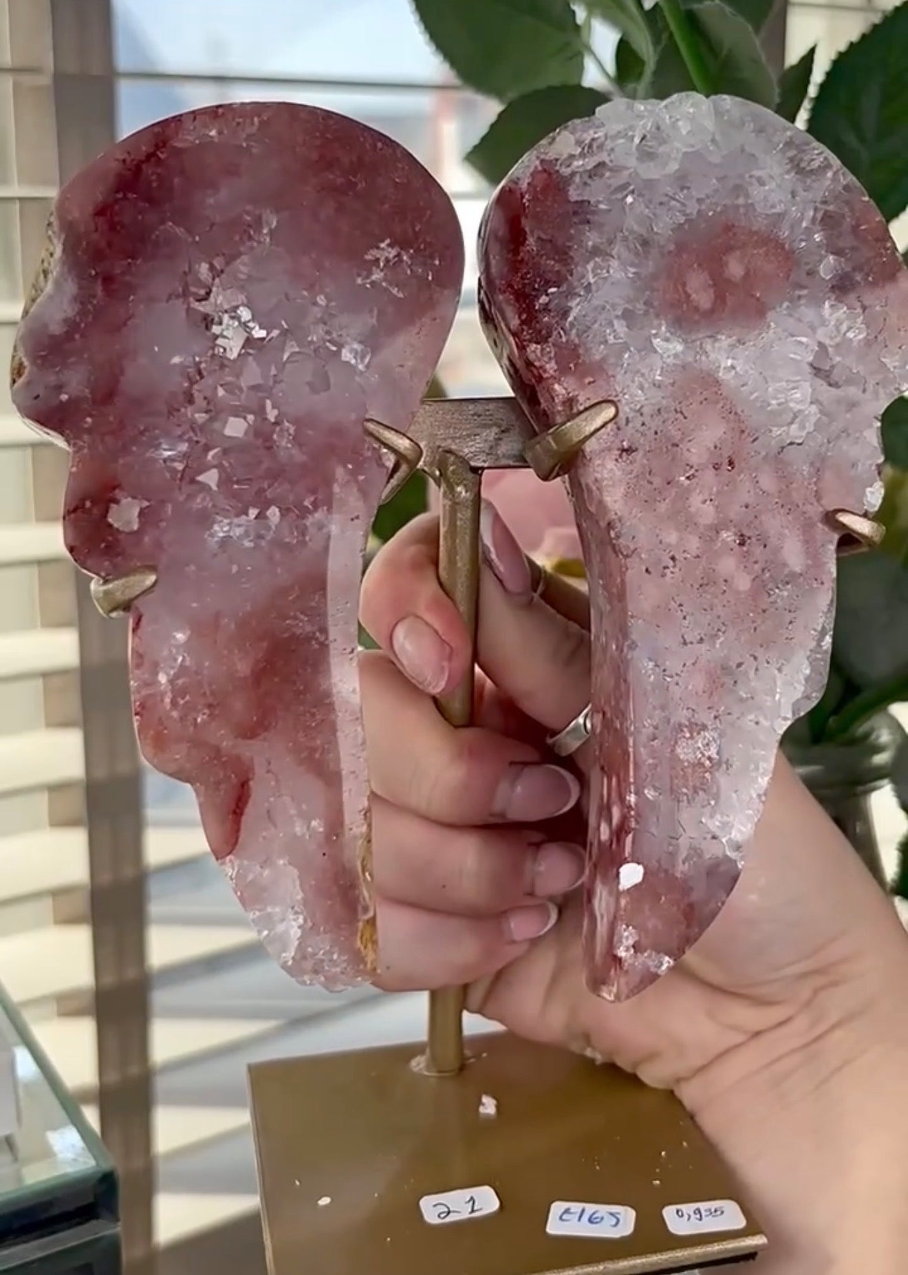 High quality, pink amethyst wings in reddish/deep pink tone - comes with stand