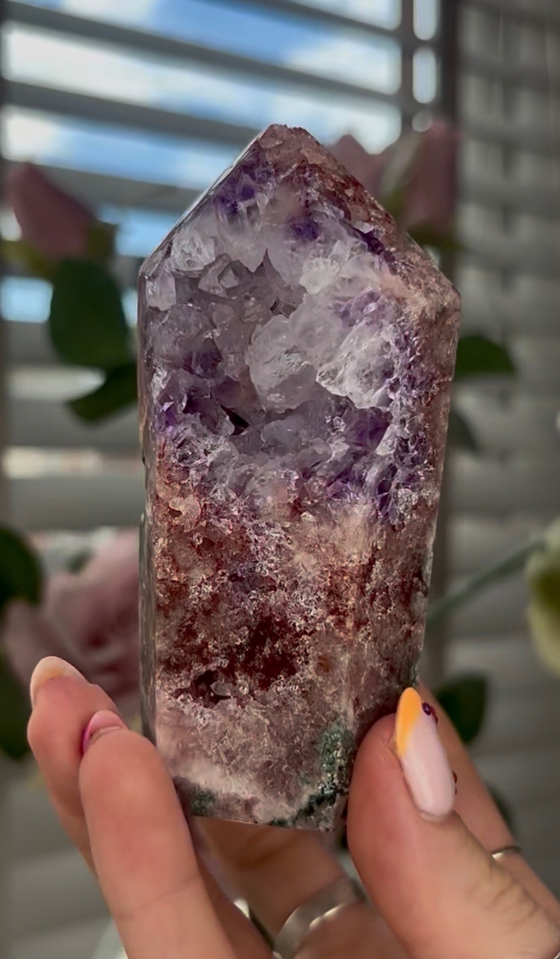 Beautiful, high quality, Pink amethyst tower with purple & quartz druzy with green jasper