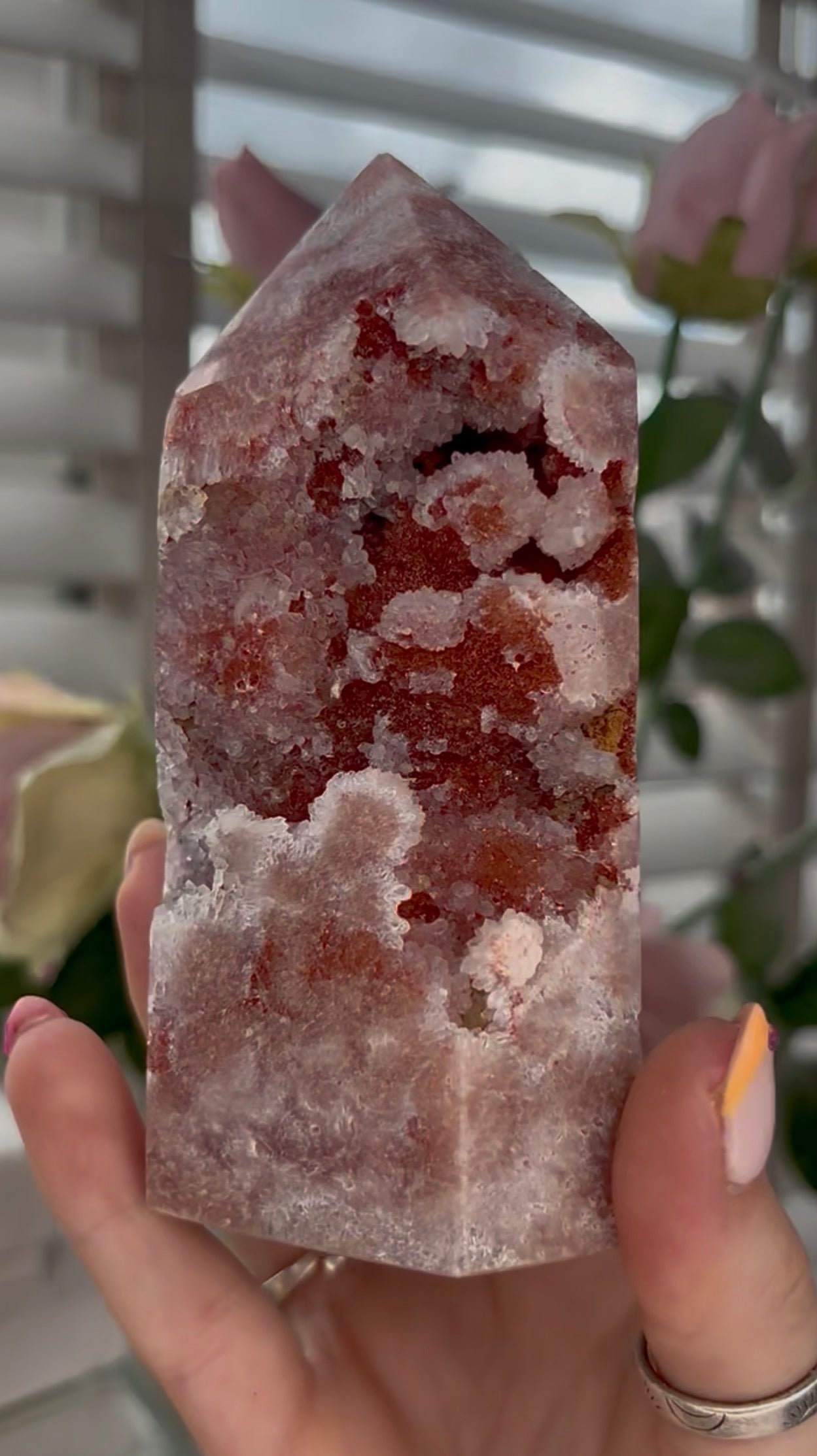 Pretty, high quality, Pink amethyst tower, in a red tone