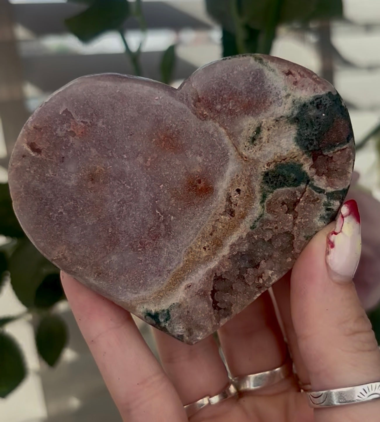 pink amethyst heart with jasper - comes with stand