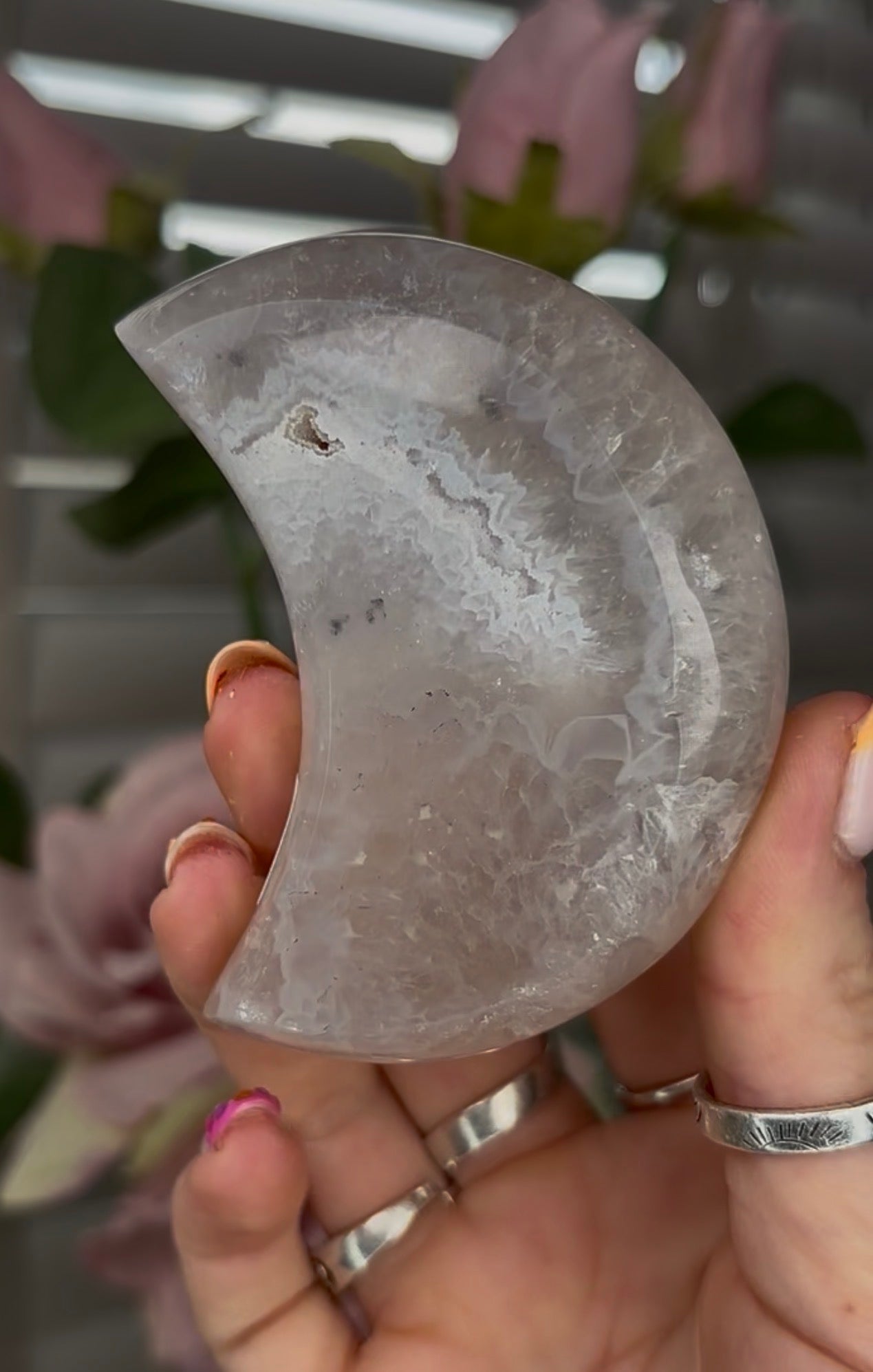 Beautiful, agate moon with druzy - comes with stand
