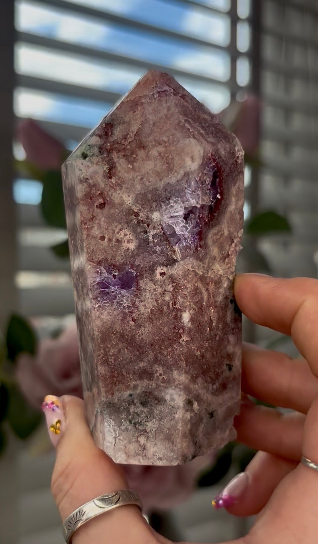 Beautiful, high quality, Pink amethyst tower with purple & quartz druzy with green jasper