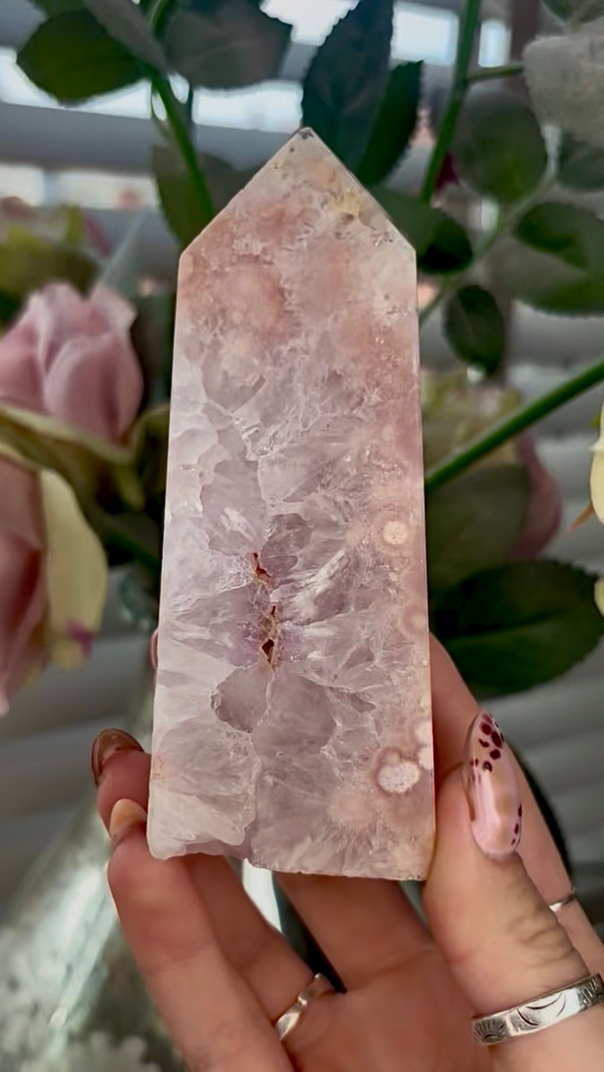 Pink amethyst Flower agate tower with quartz
