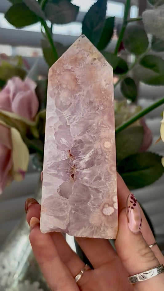 Pink amethyst Flower agate tower with quartz