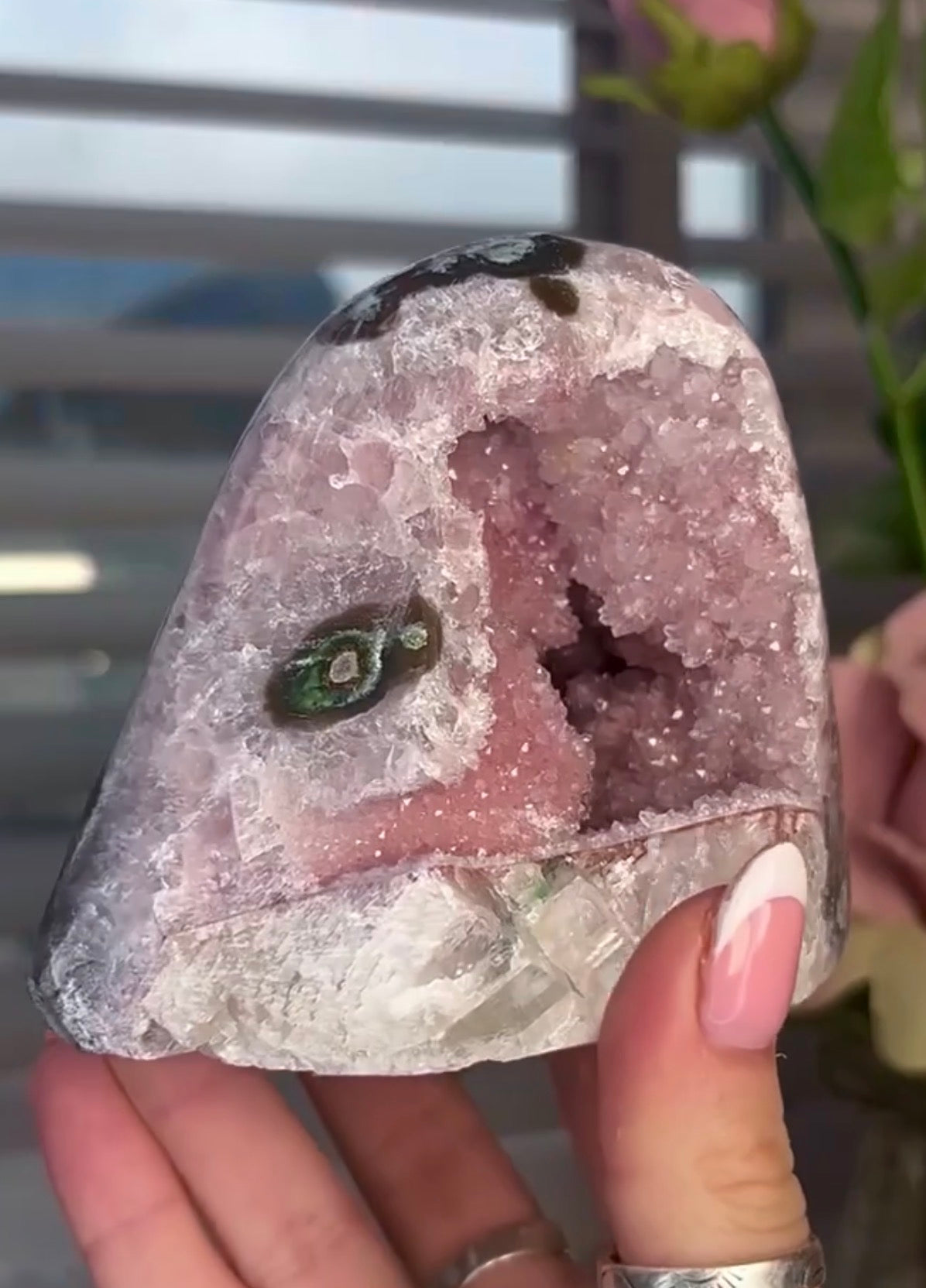 High quality, pink toned, rainbow amethyst on a calcite cutbase with stalactite eye