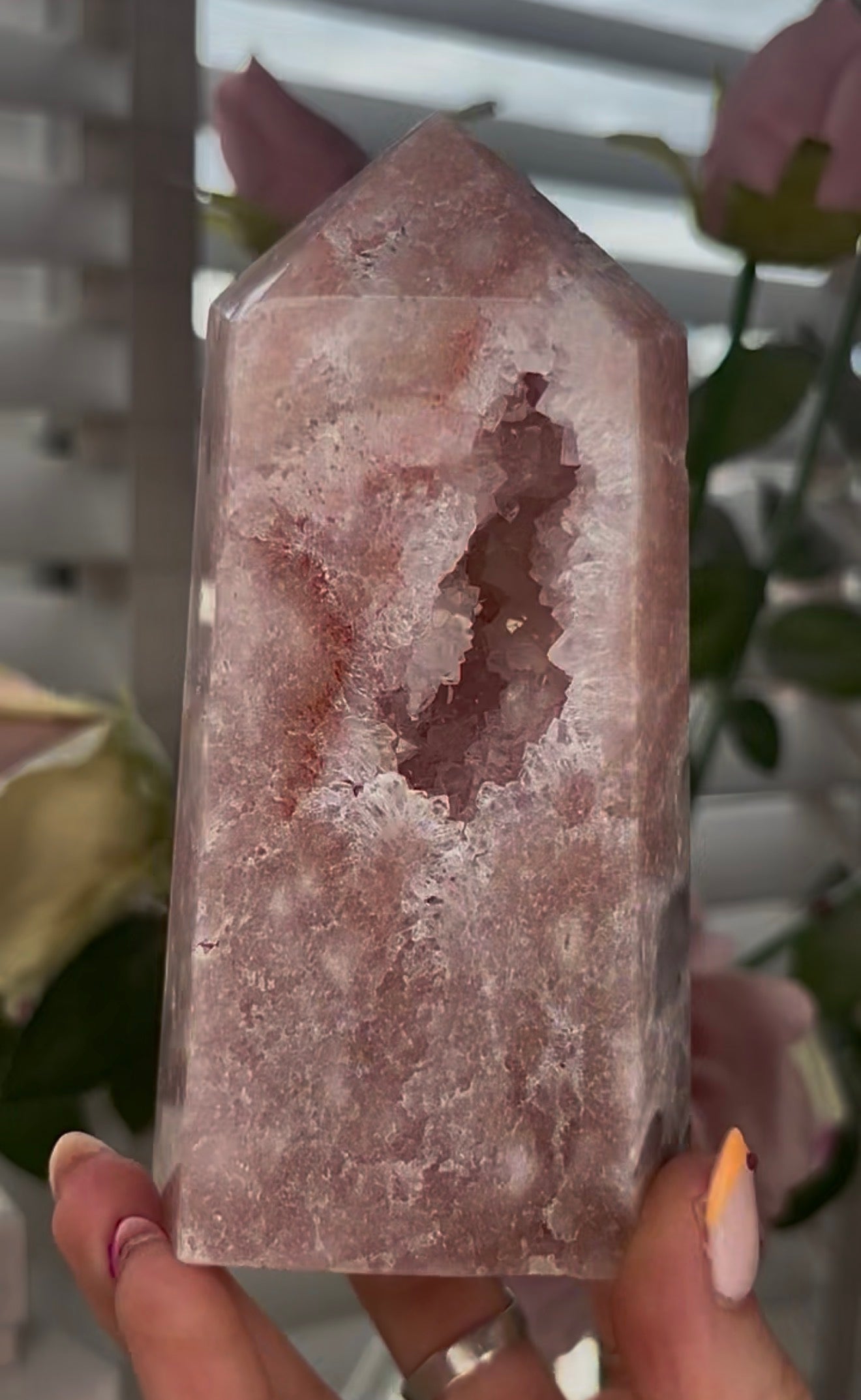 Pretty, Pink amethyst tower, with quartz druzy