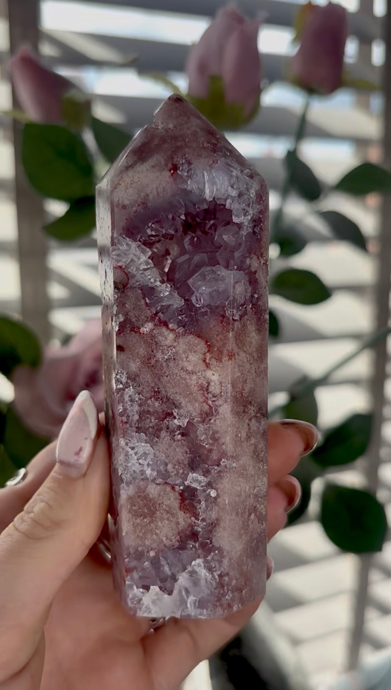 Beautiful, high quality, Pink amethyst tower with purple quartz