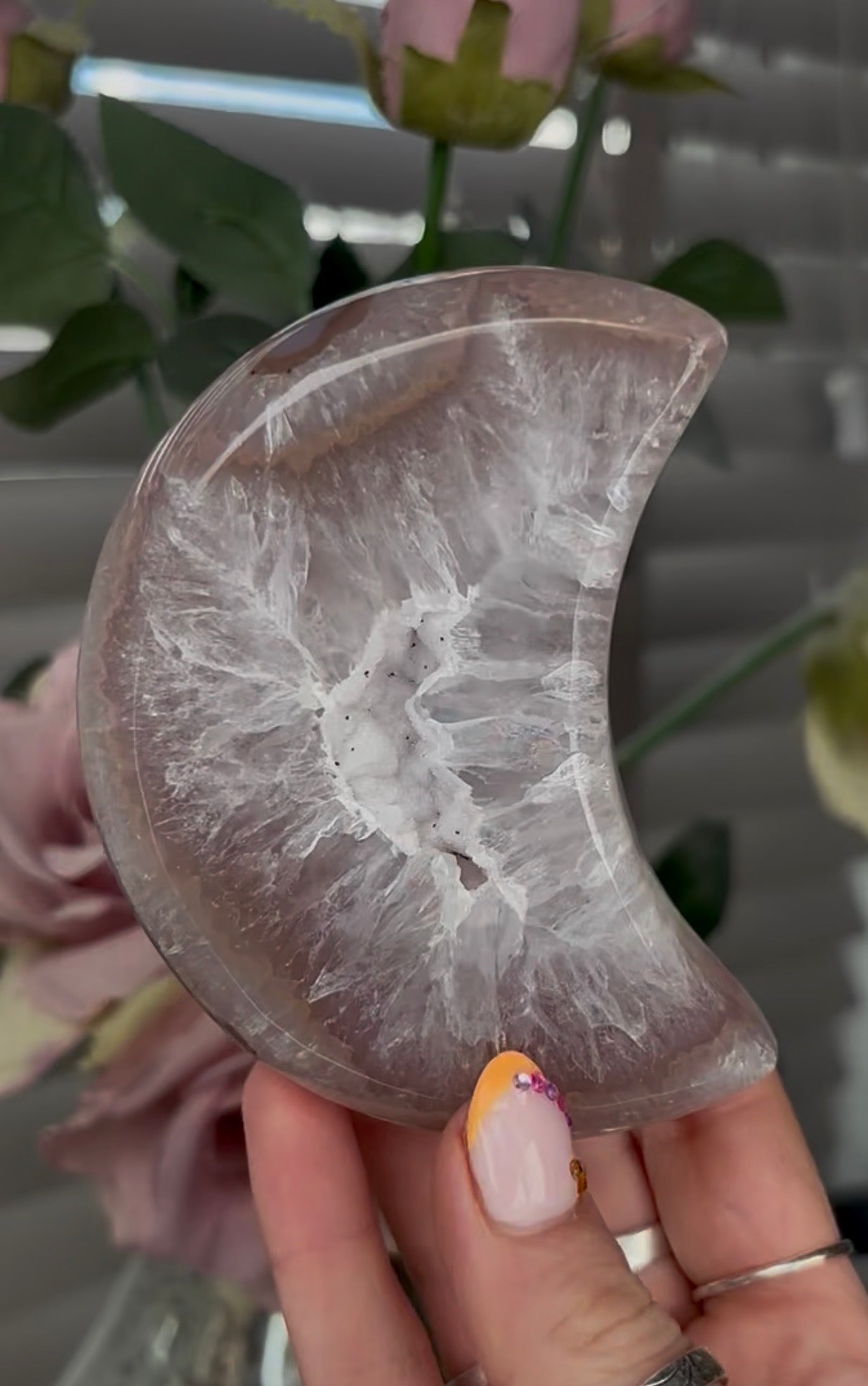 Beautiful, high quality, agate moon with druzy - stand included
