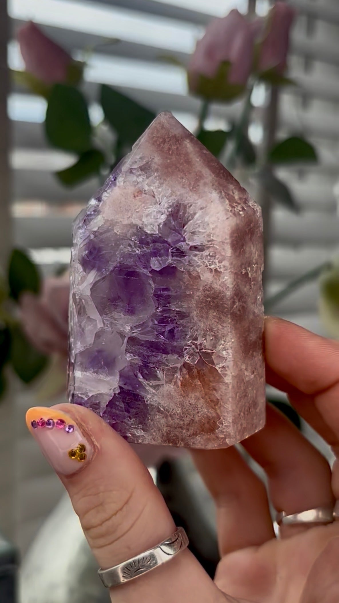 High quality, Pink amethyst tower, with purple quartz druzy