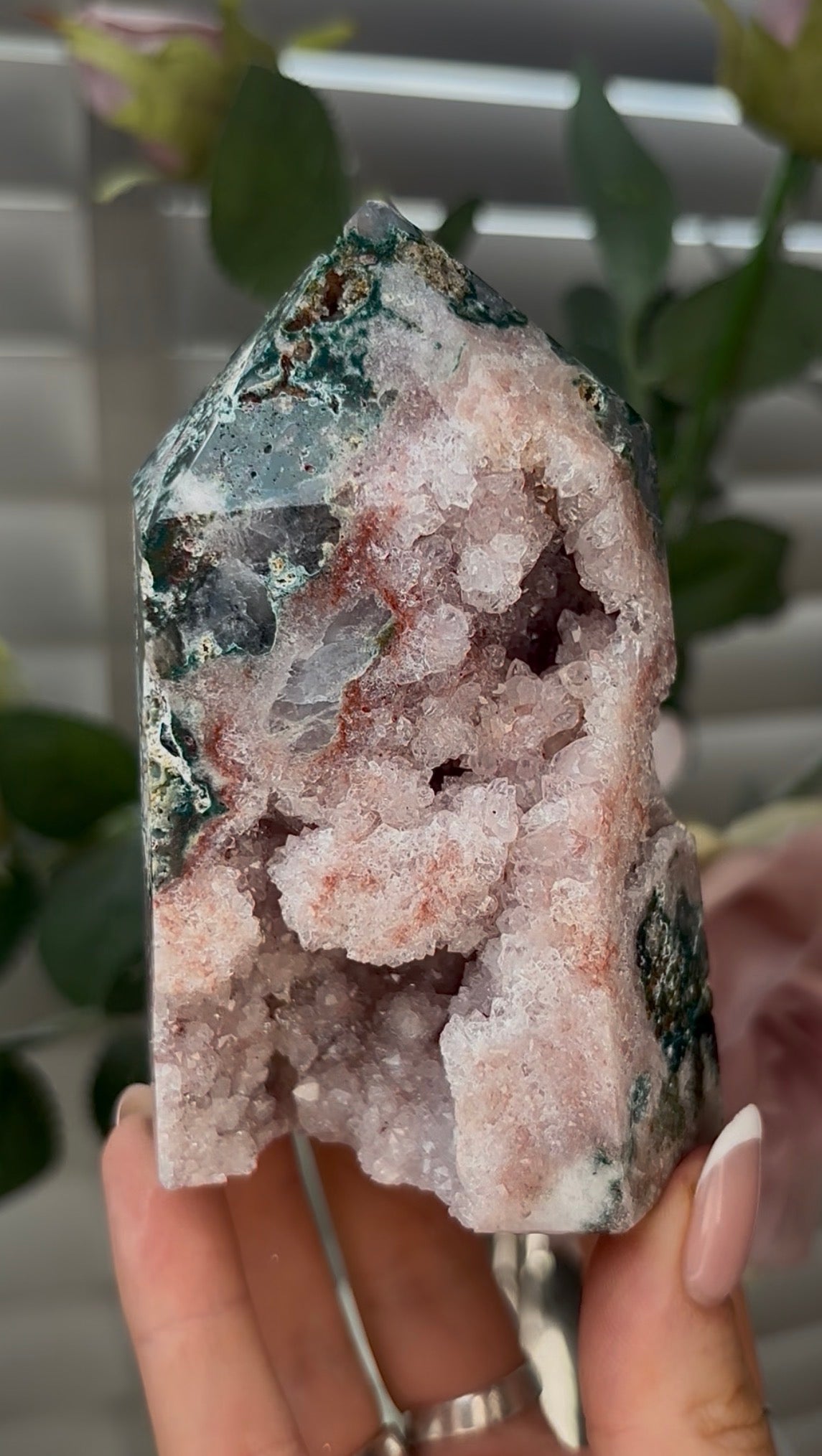 Beautiful, high quality, Pink amethyst tower with Jasper 10.2cm(h) by 6.5cm(w)