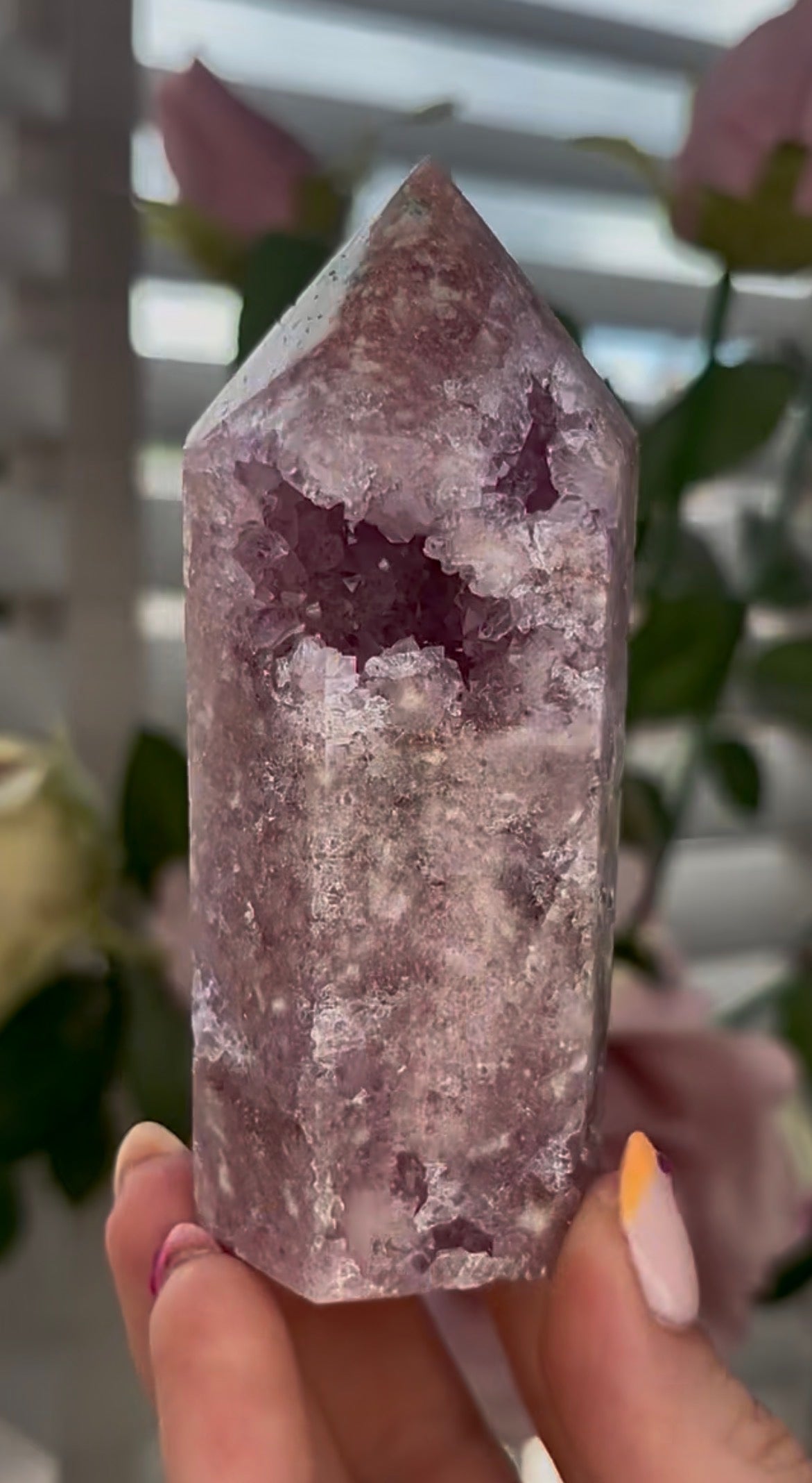 Pretty, Pink amethyst tower, with lilac quartz druzy